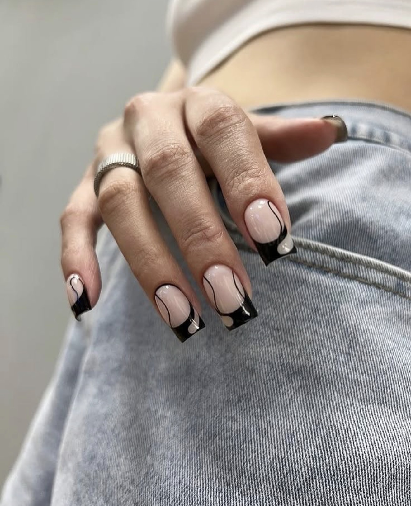 Black Swirl French Tip Medium Square Nails