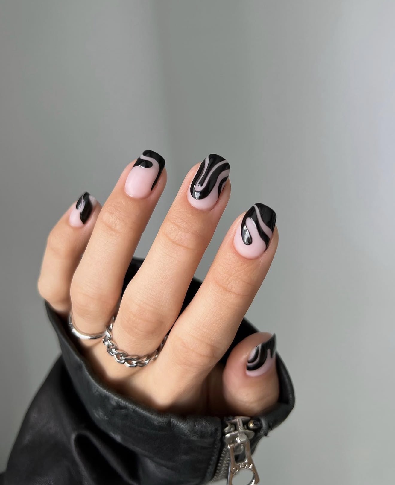 Black Water Wave French Tip Nails