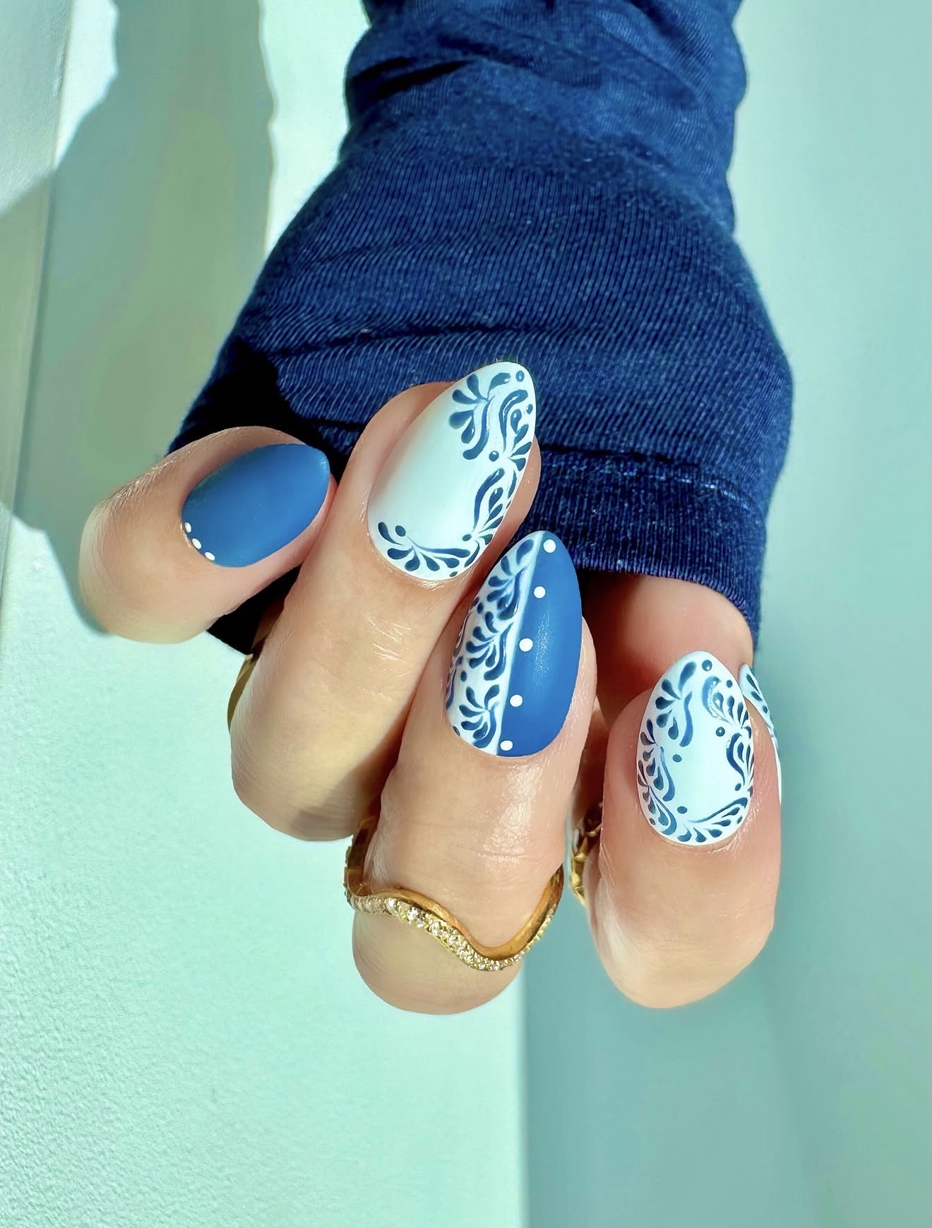 Blue and White Talavera Inspired Almond Nails