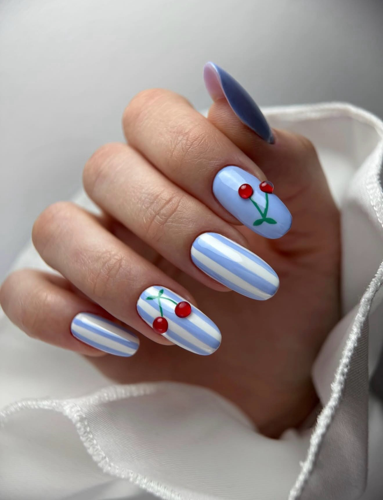Blue Stripe Cherry Accent Oval Nails