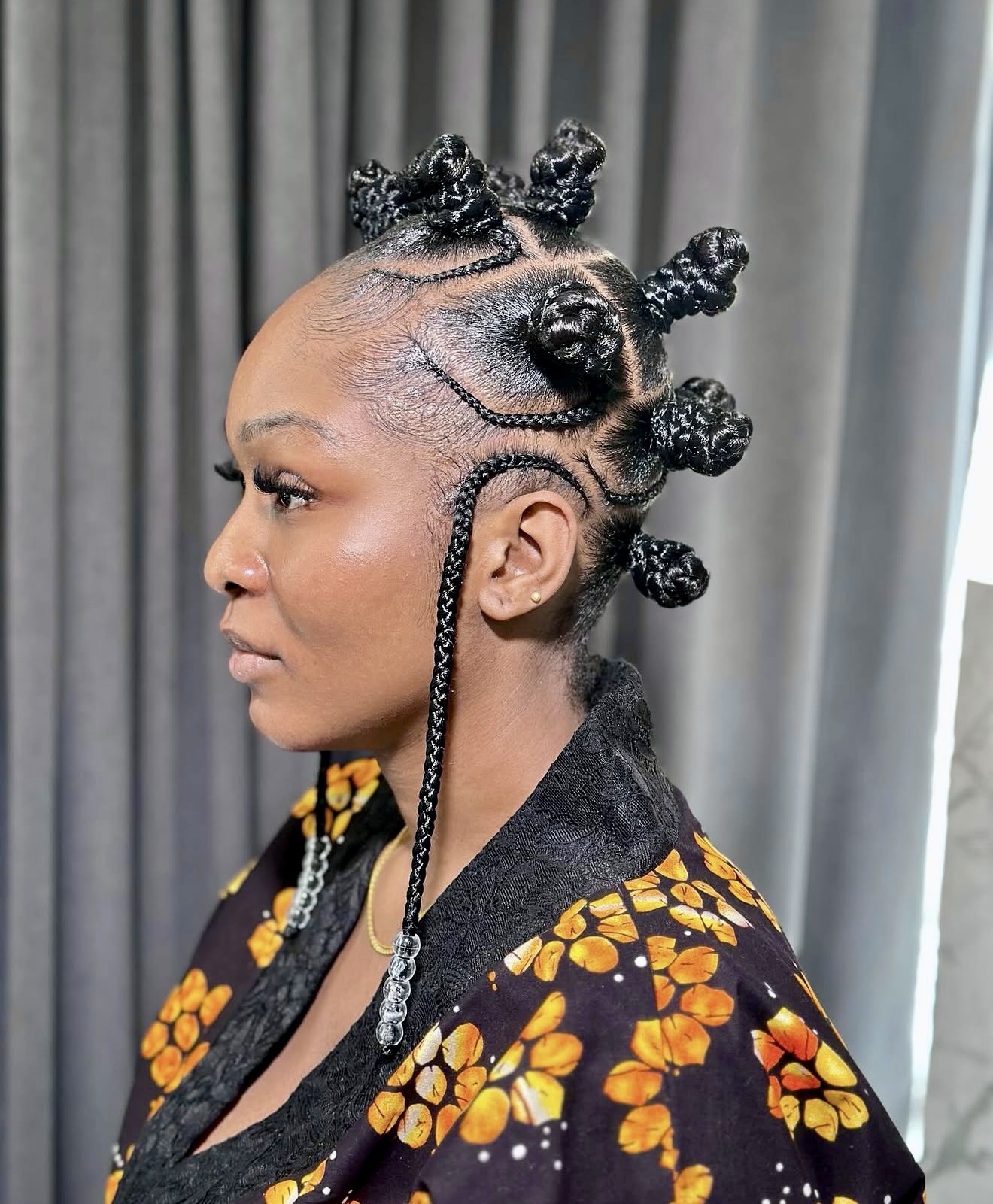 Braided Bantu Knots With Detailed Cornrow Accents