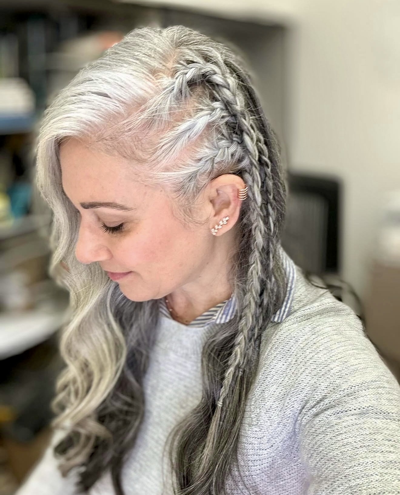 Braided Silver Crown With Loose Waves