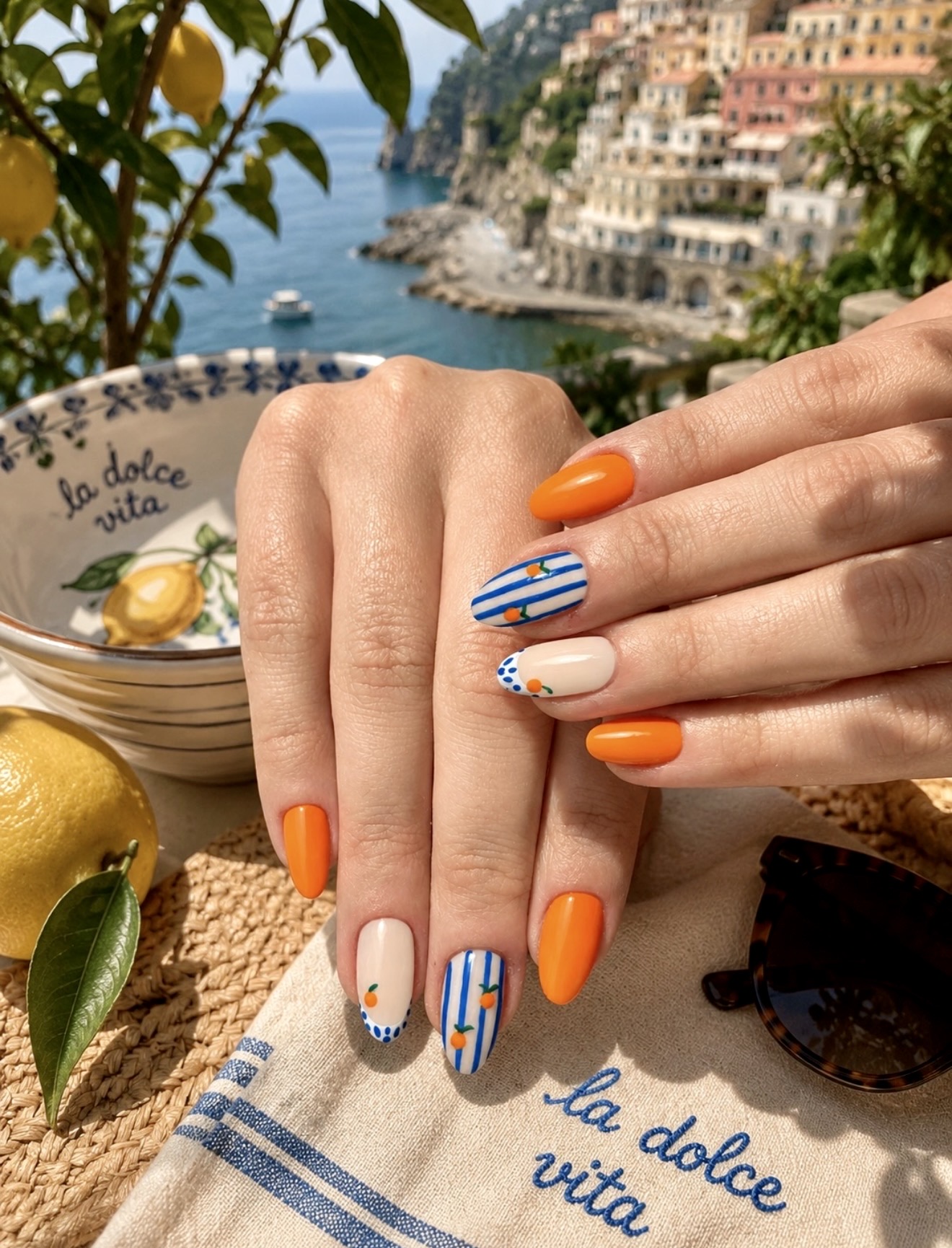 Bright Orange & Citrus Grove Almond Nails