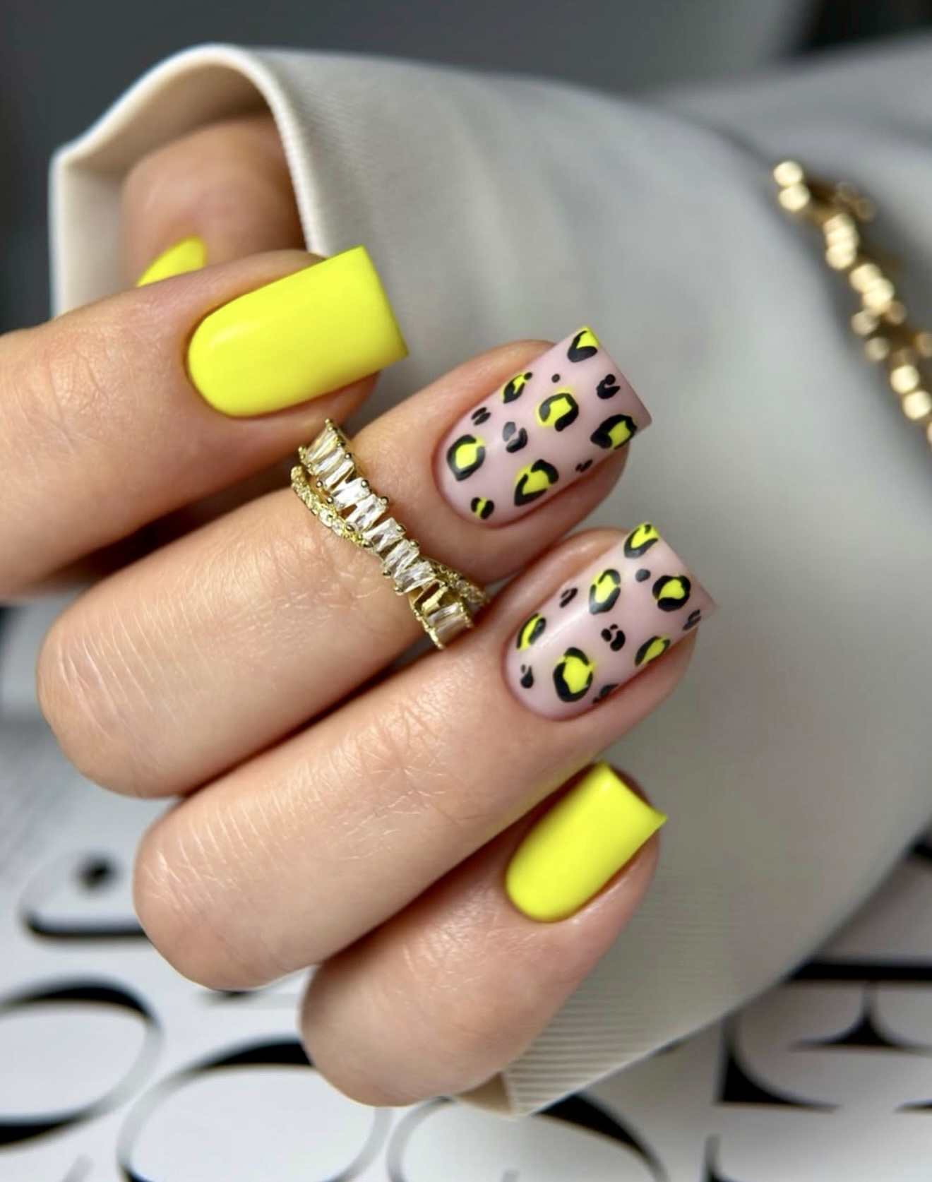 Bright Yellow Leopard Print Square Nails