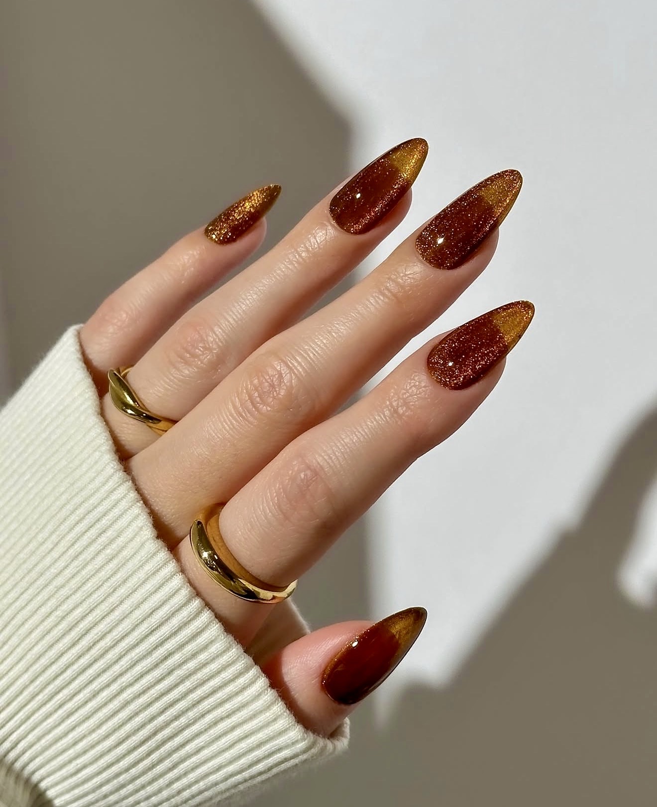 Bronze Amber Glitter Pointed Nails