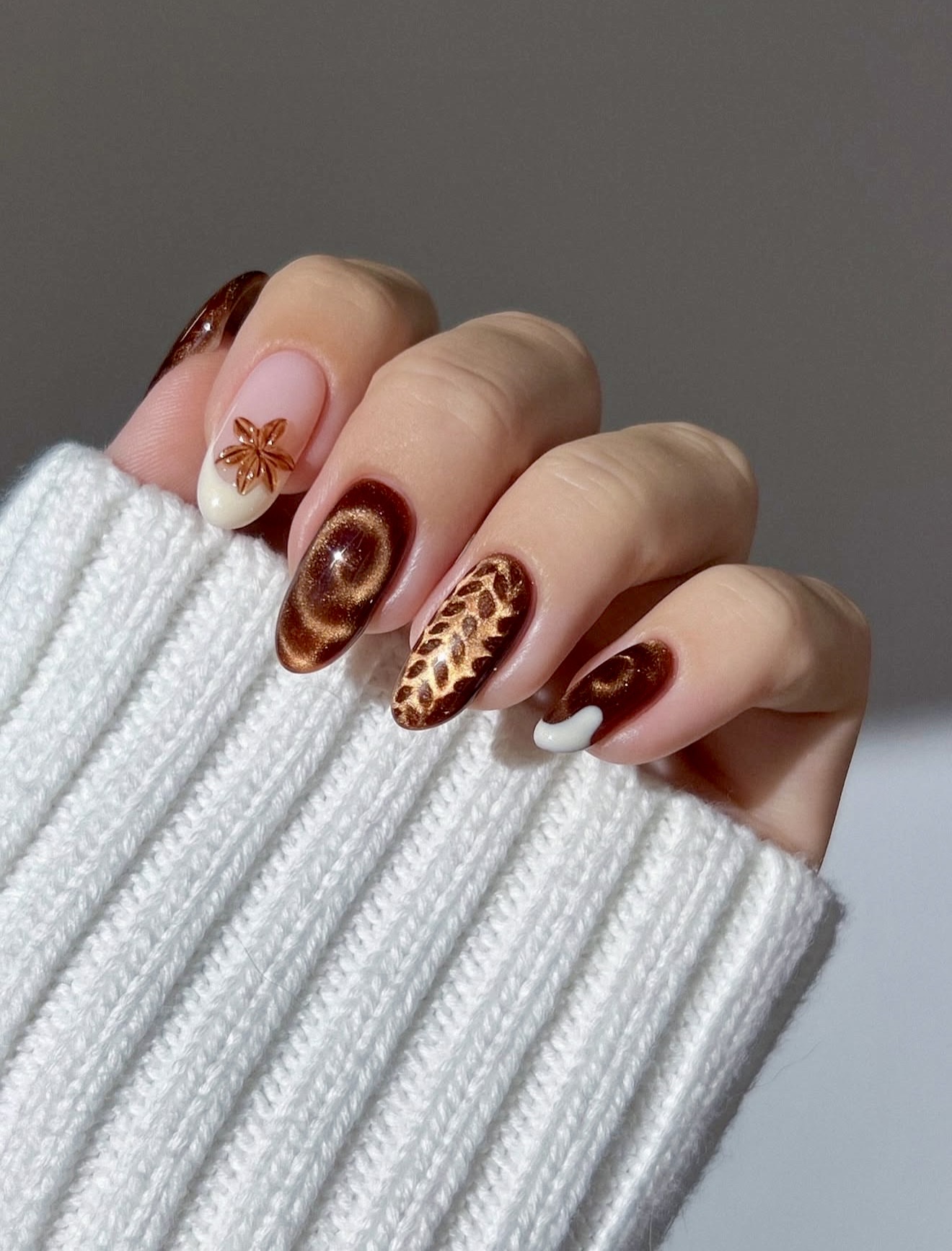 Brown Cat Eye & Leaf Print Fall Manicure