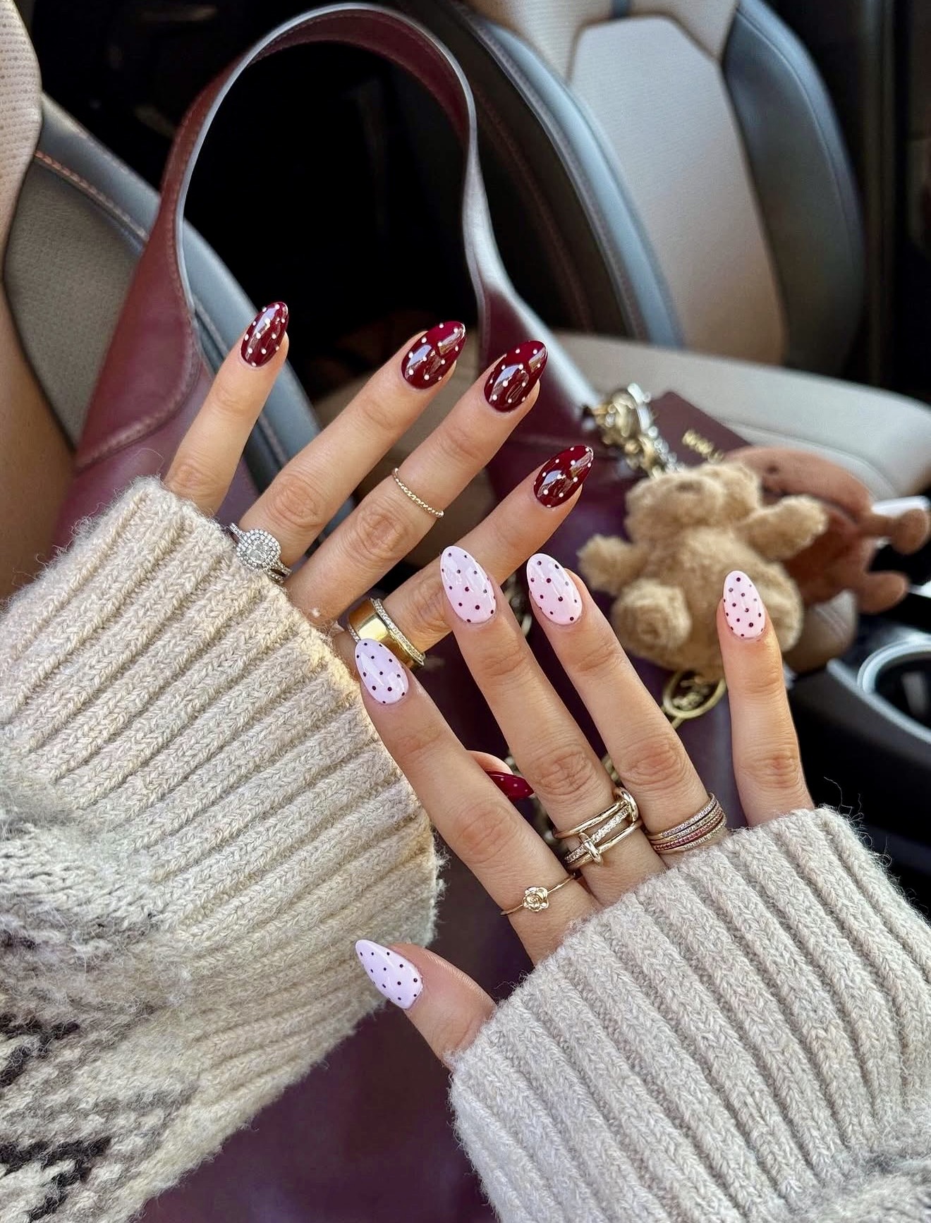 Burgundy and Pink Polka Dot Oval Nails