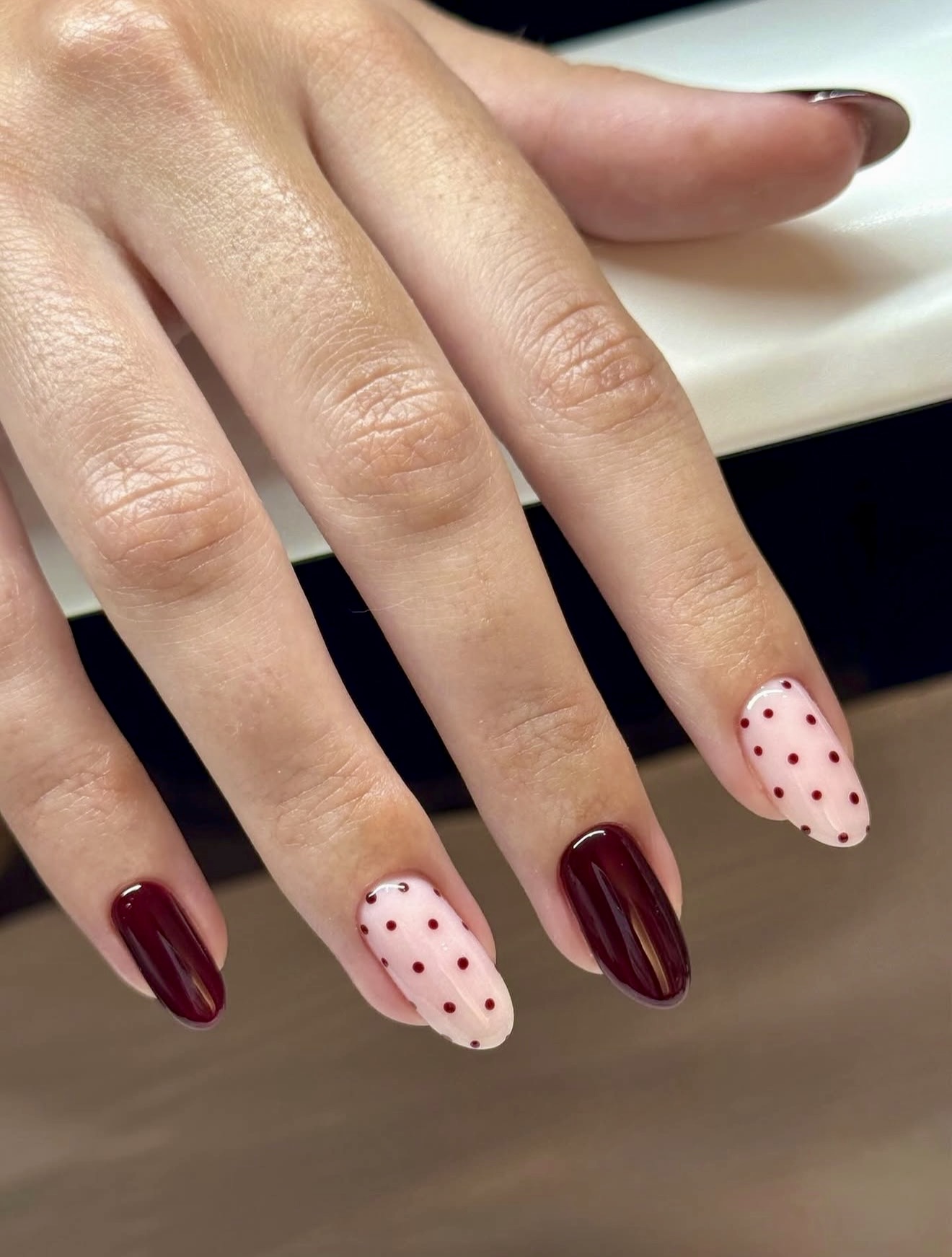 Burgundy and Polka Dot Oval Nails