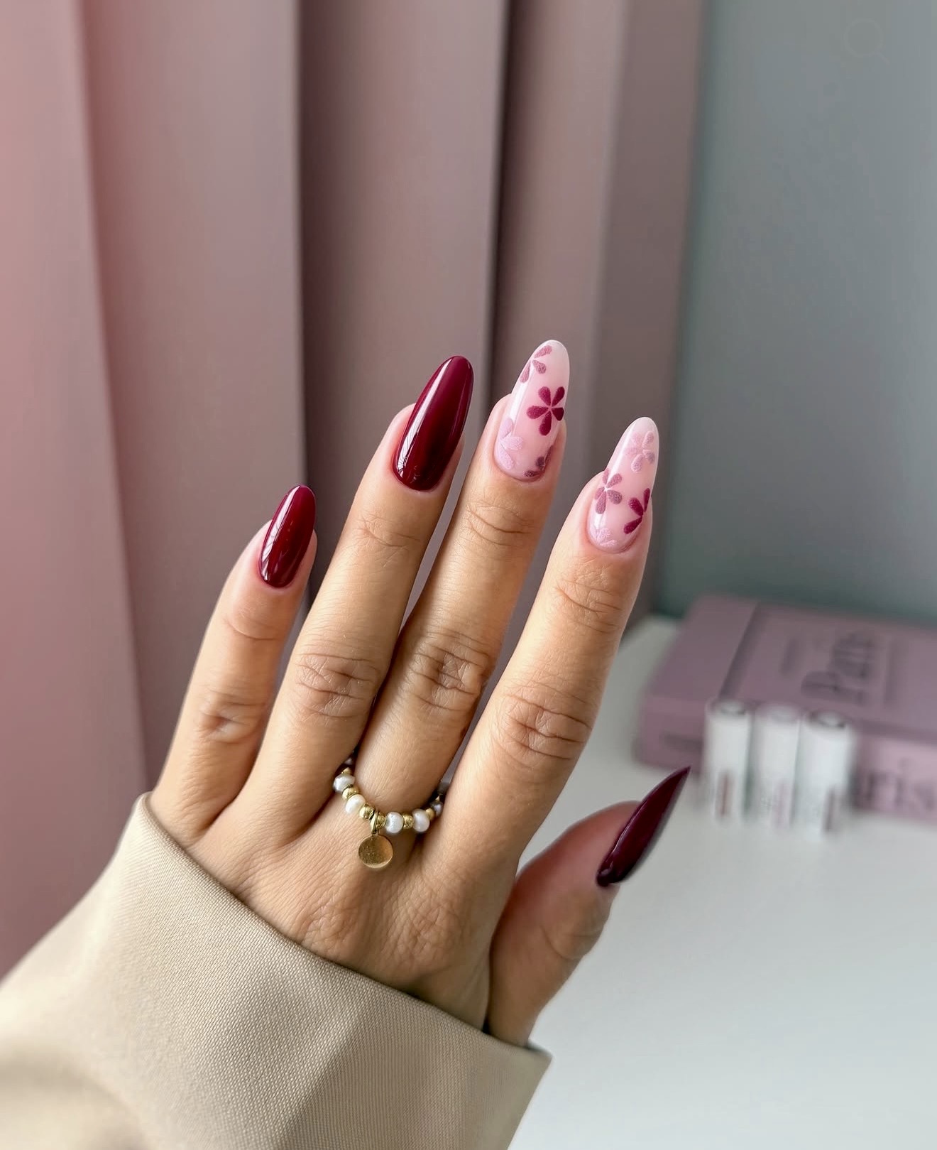 Burgundy Floral Ombre Almond Nails