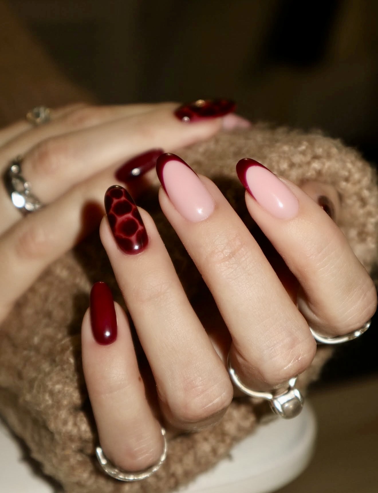 Burgundy French Tips with Animal Print Accent