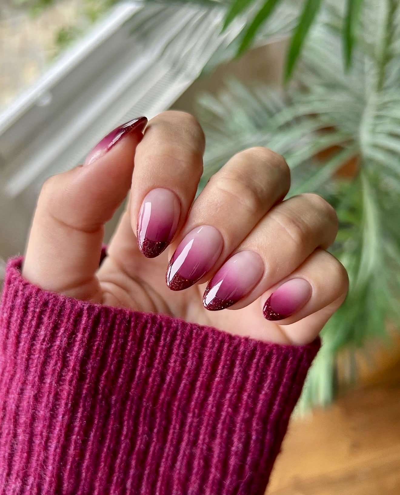 Burgundy Ombre Glitter French Tip Almond Nails