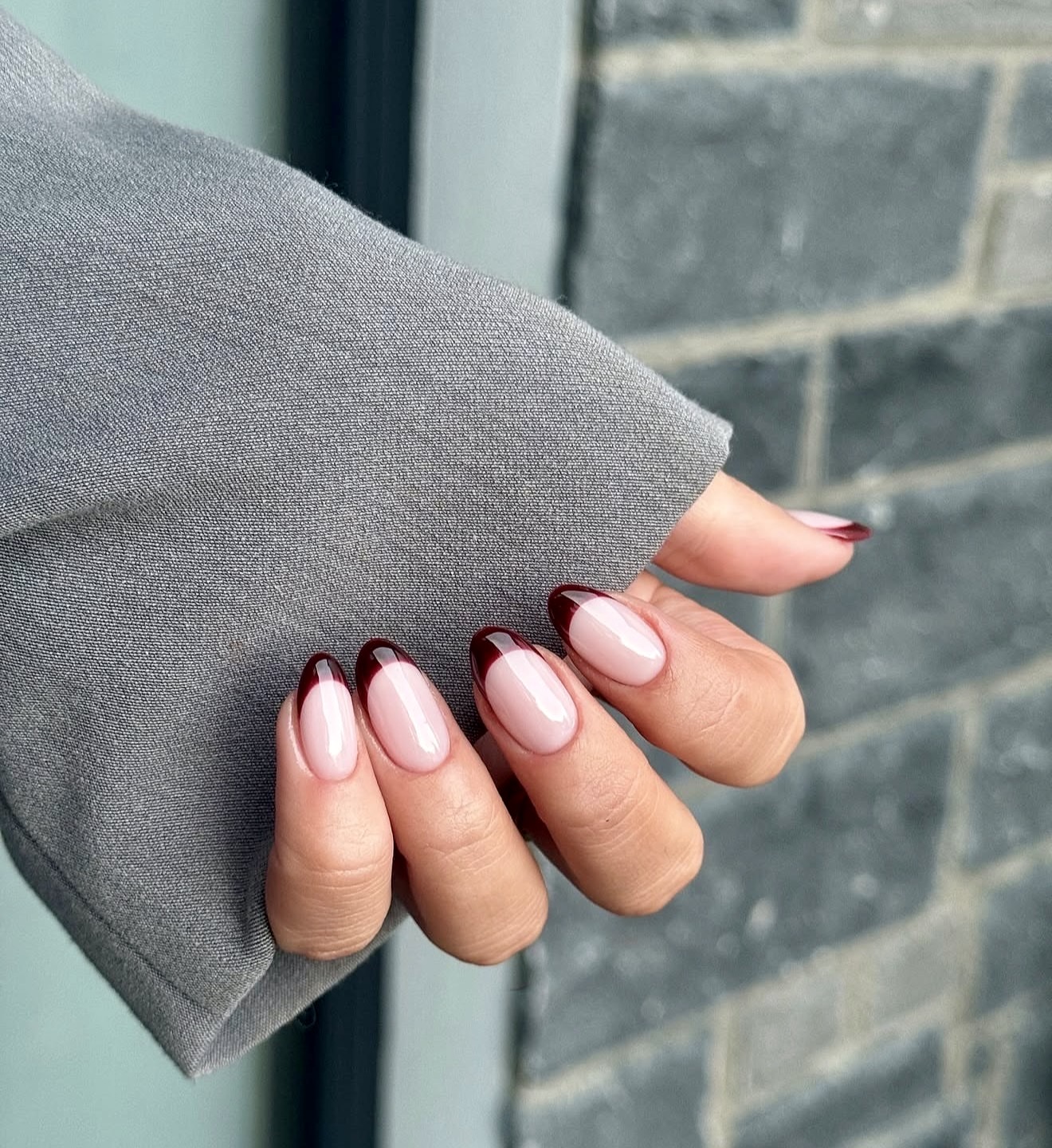Burgundy Tip French Oval Nails
