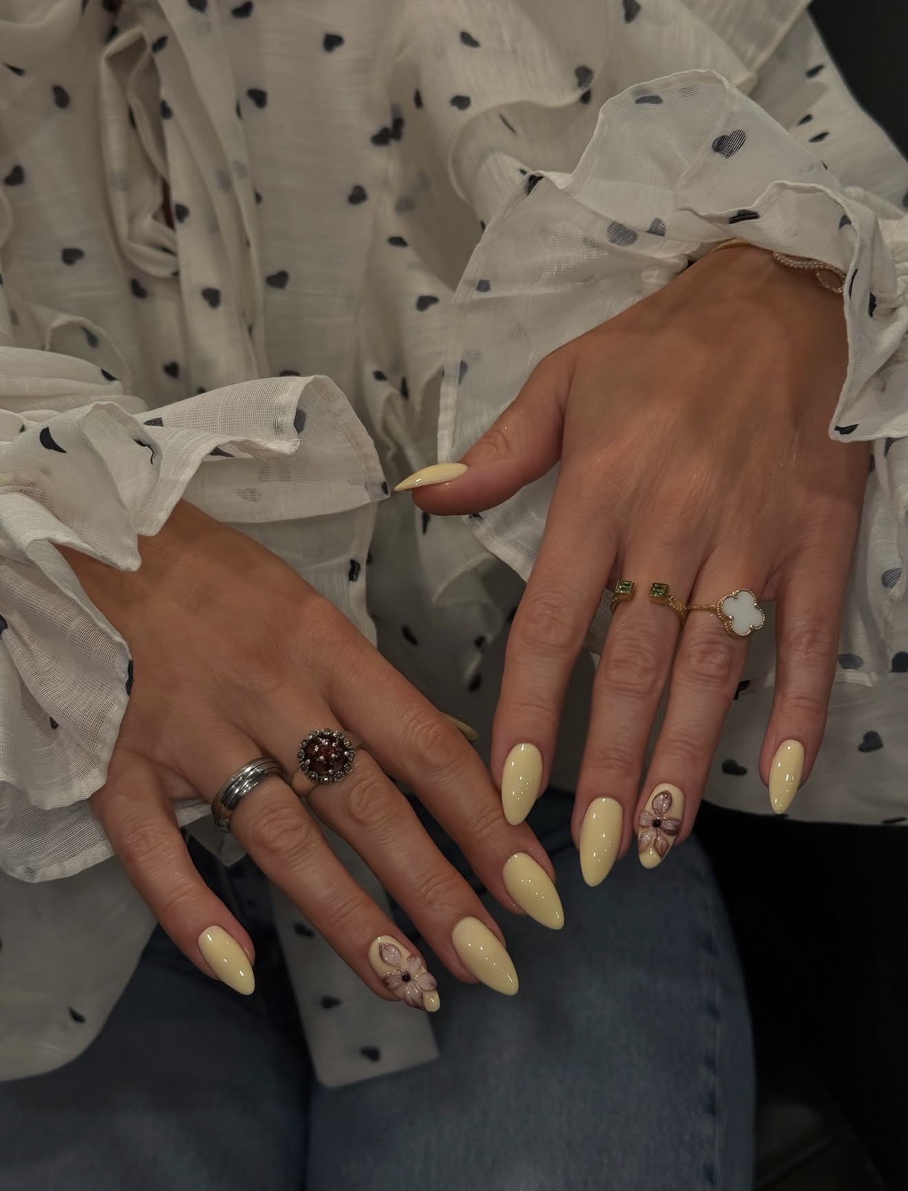 Butter Yellow Almond Nails with Floral Art
