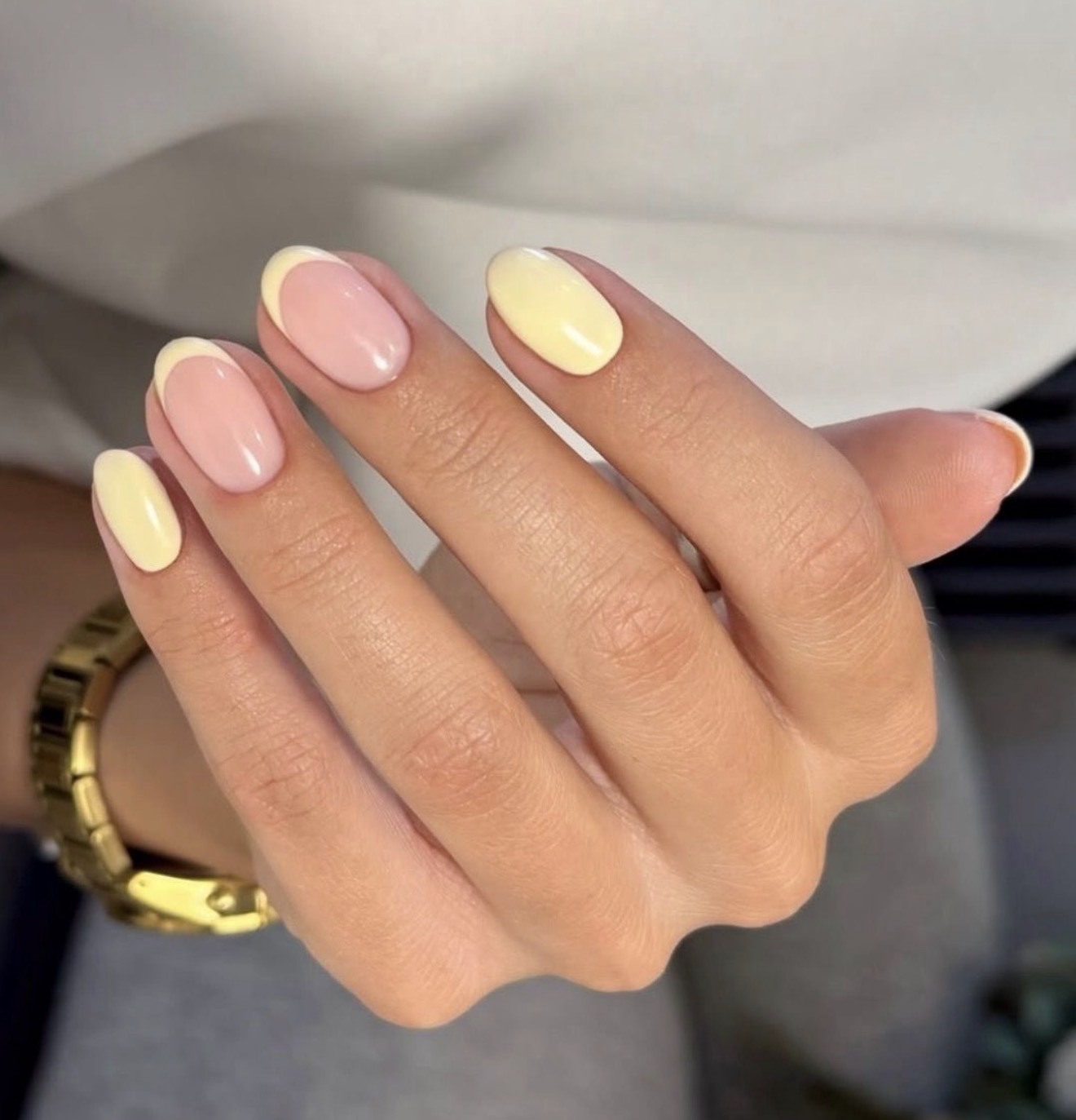 Butter Yellow and Baby Pink French Oval Nails