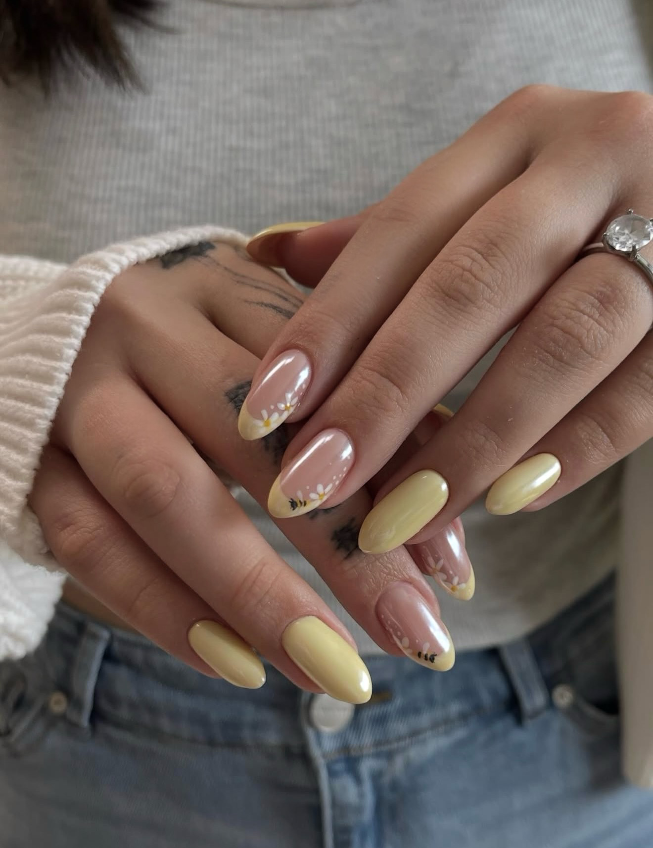 Butter Yellow and Daisy French Almond Nails