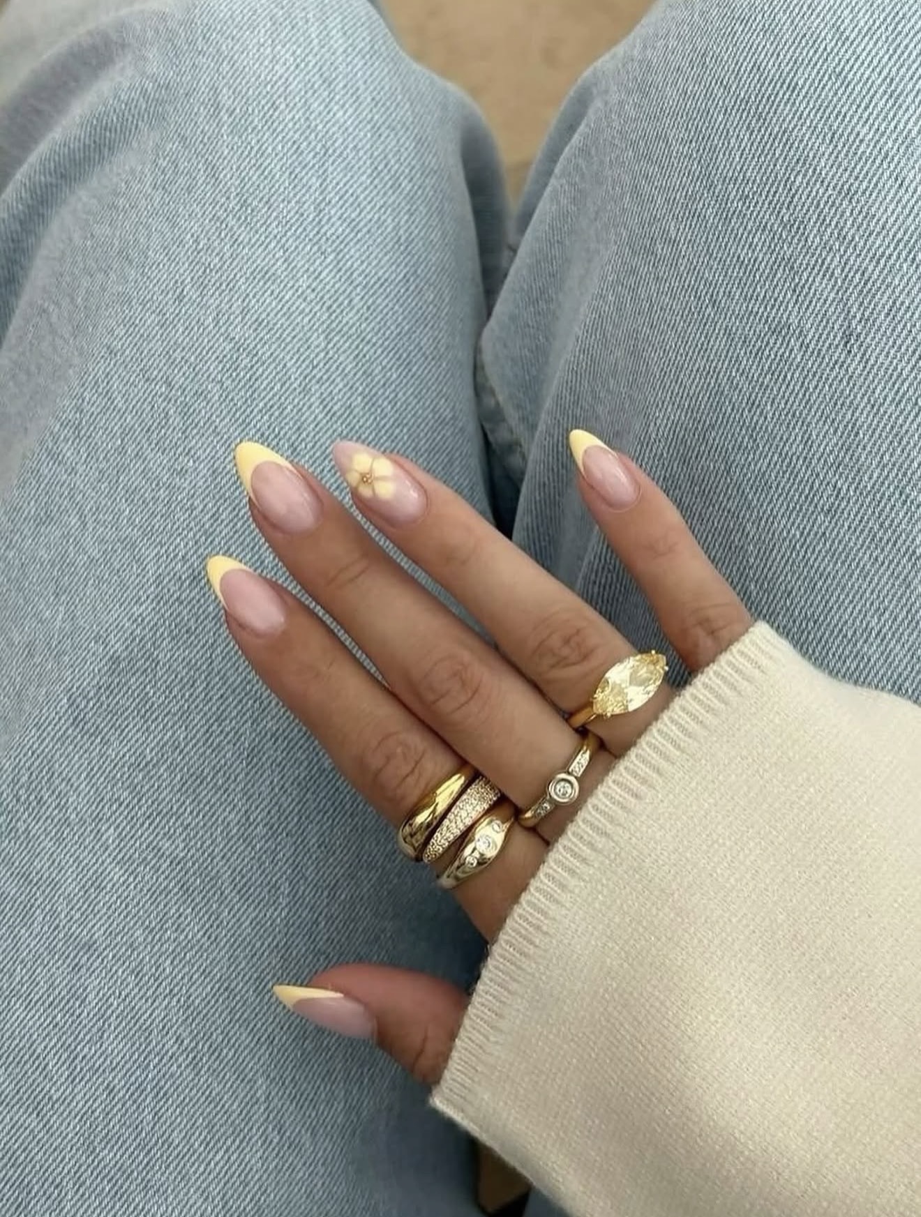 Butter Yellow French Tip Almond Nails With Daisy Accent