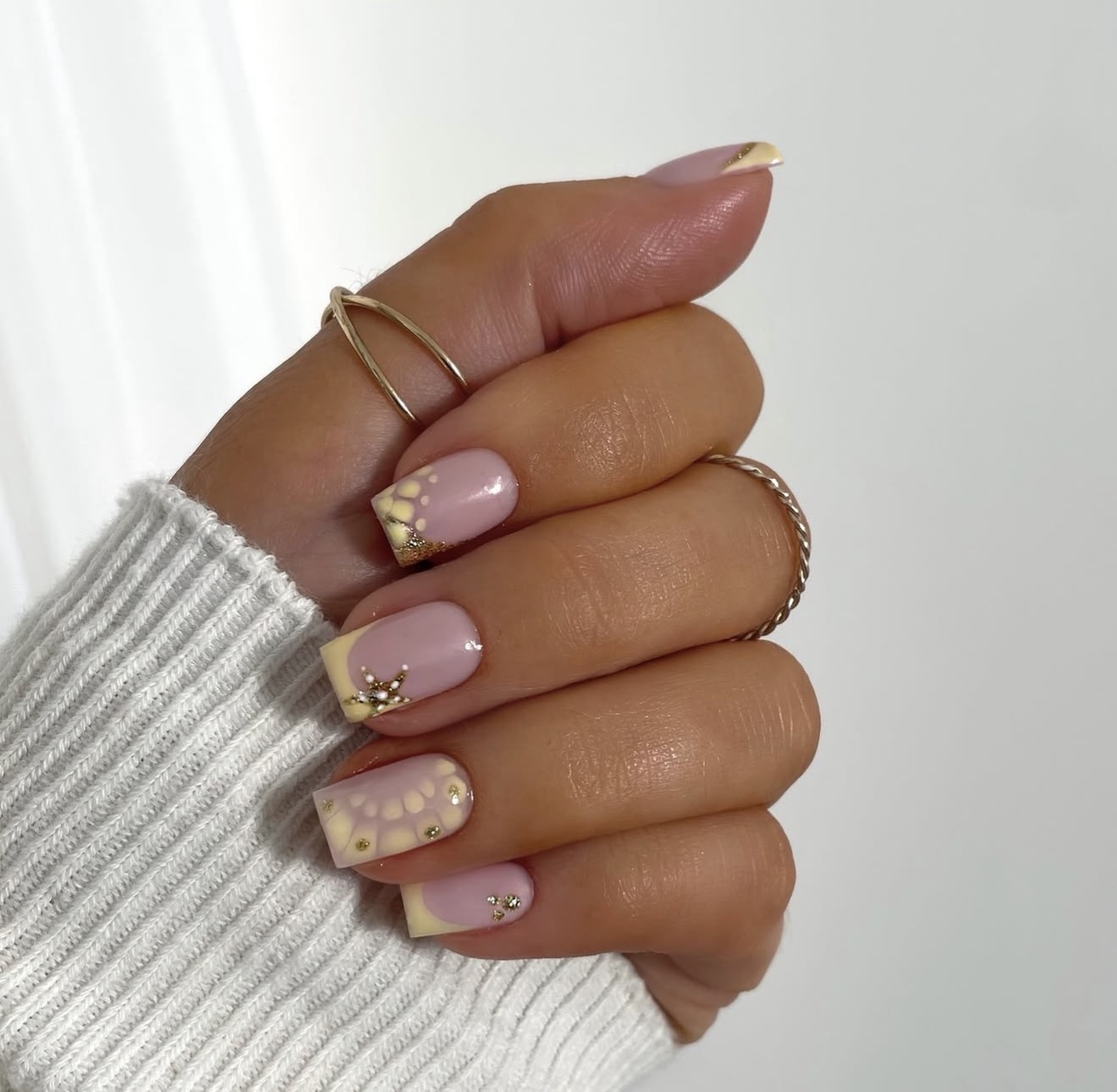 Butter Yellow French Tips with Gold Accents