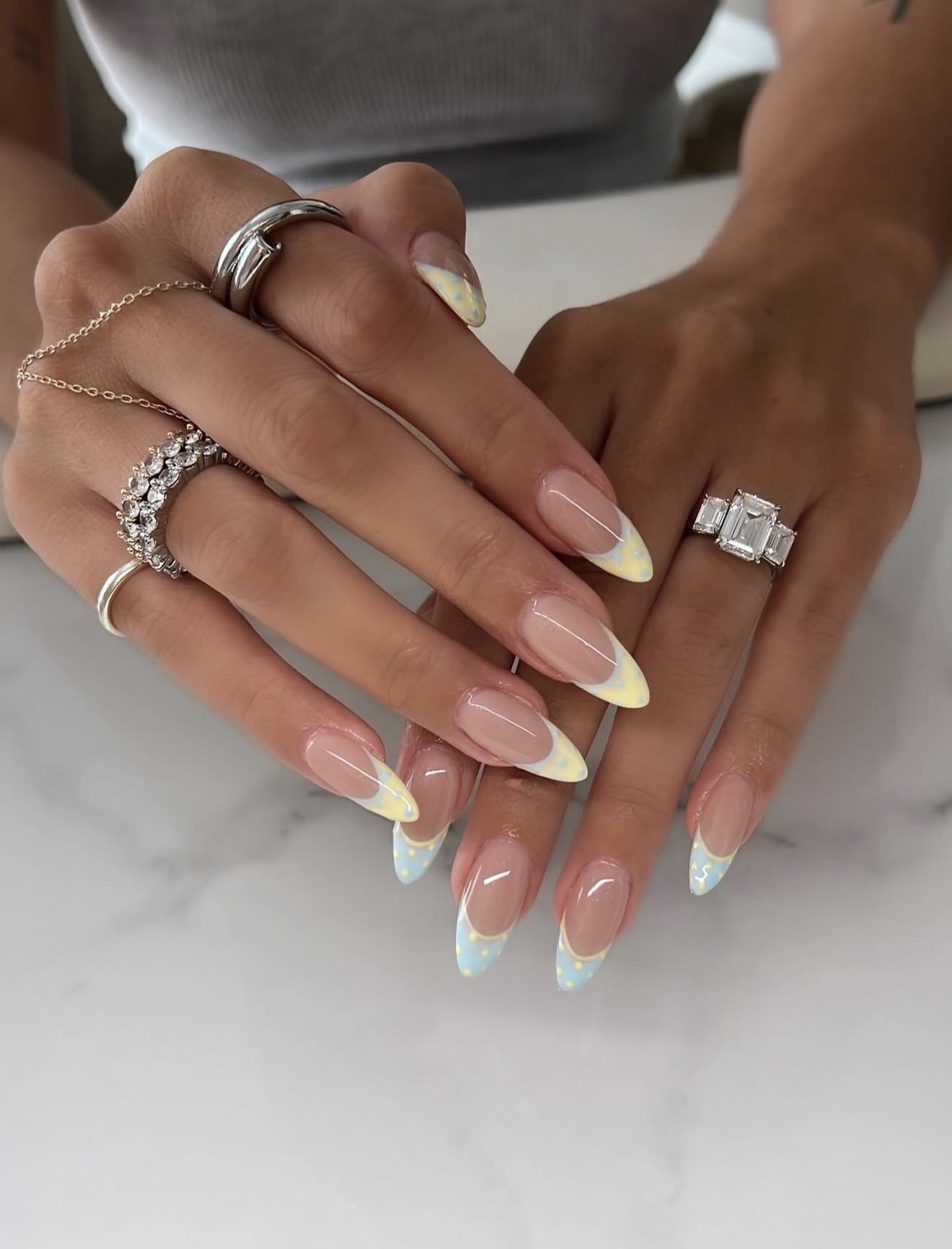 Butter Yellow Polka Dot French Almond Nails