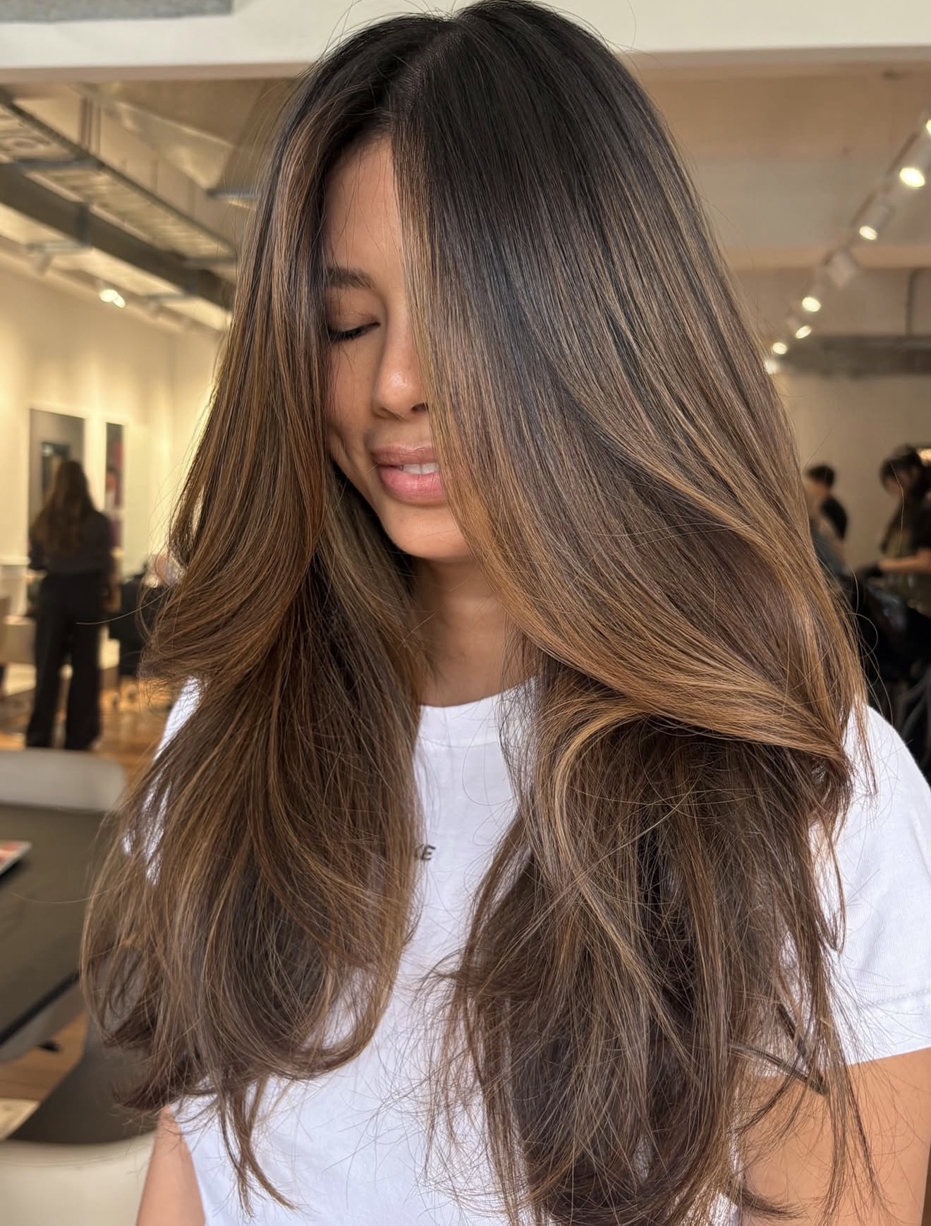 Caramel Balayage On Dark Brown Wavy Hair