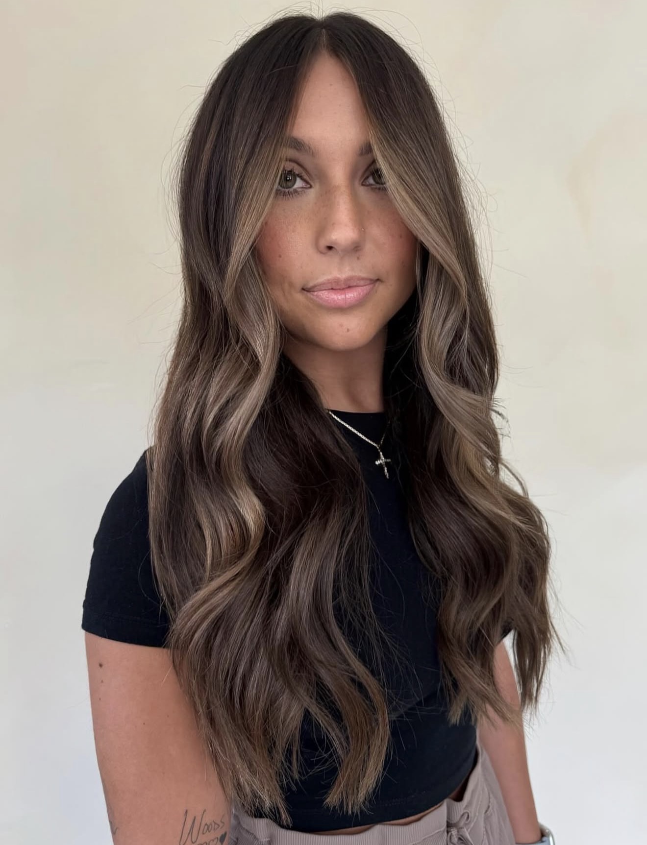 Caramel Highlights On Dark Brown Wavy Lob