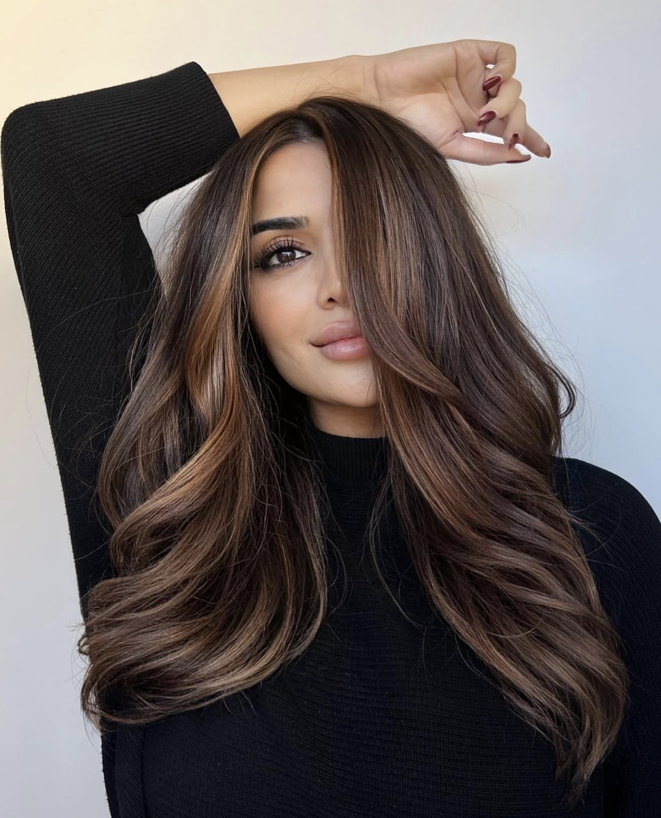 Caramel Ribbon Highlights On Dark Chocolate Brown Hair