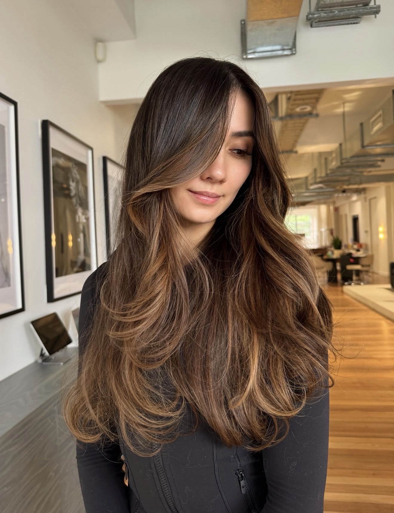 Cascading Mocha Brown Waves With Caramel Highlights