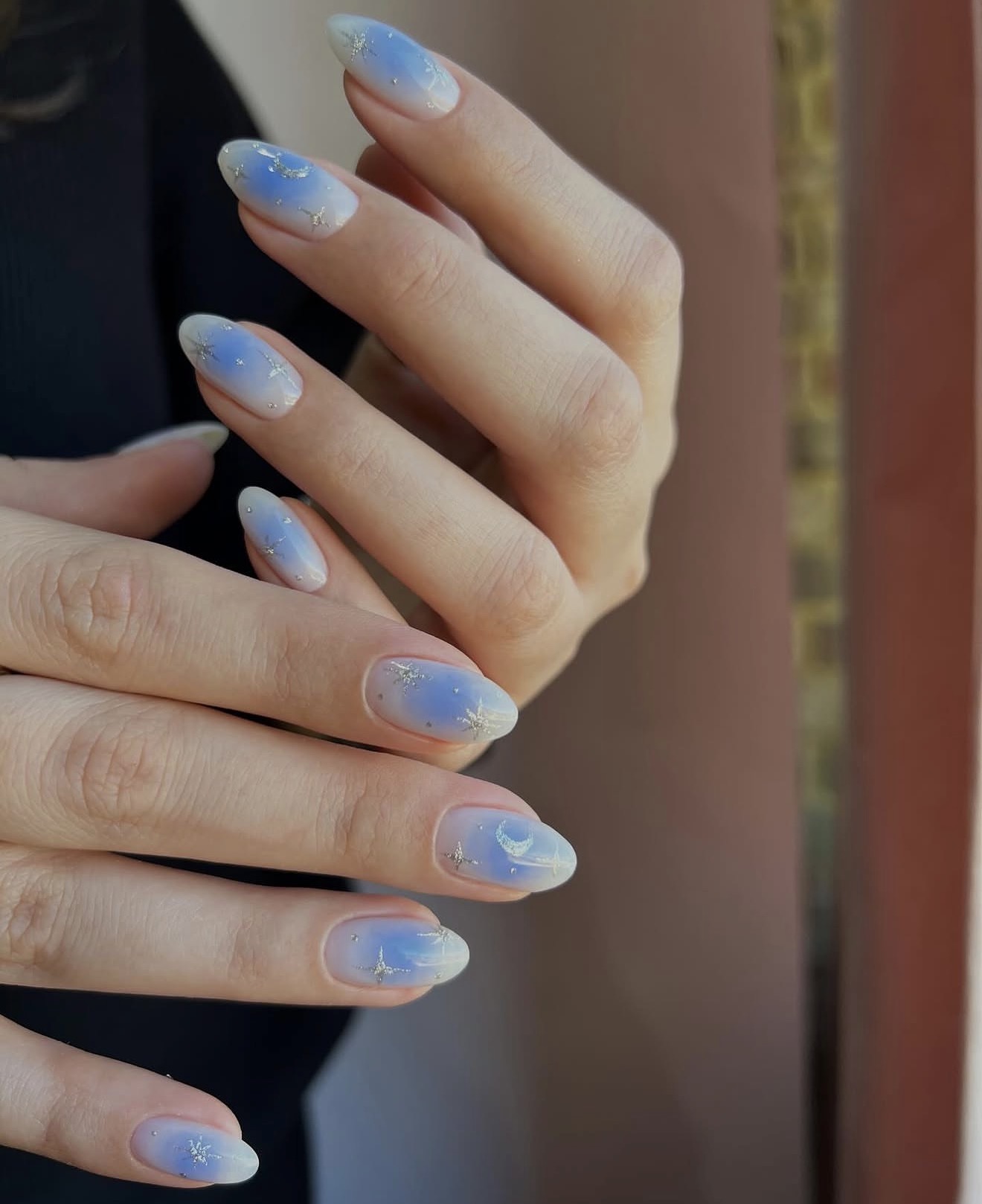 Celestial Ombre Almond Nails with Silver Stars