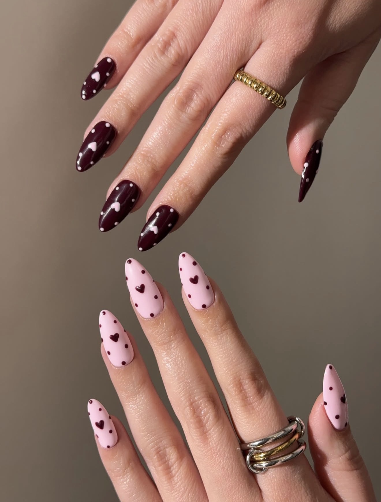 Cherry Mocha Heart & Dot Almond Nails