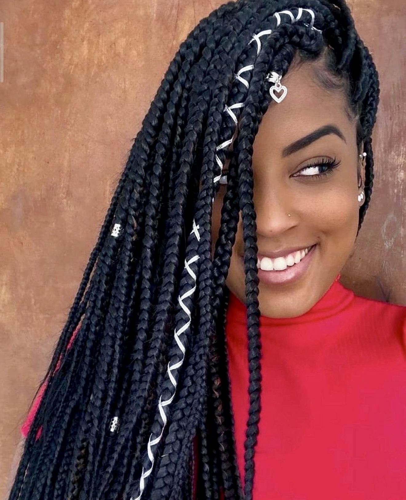 Chic Box Braids With White Ribbon & Charms