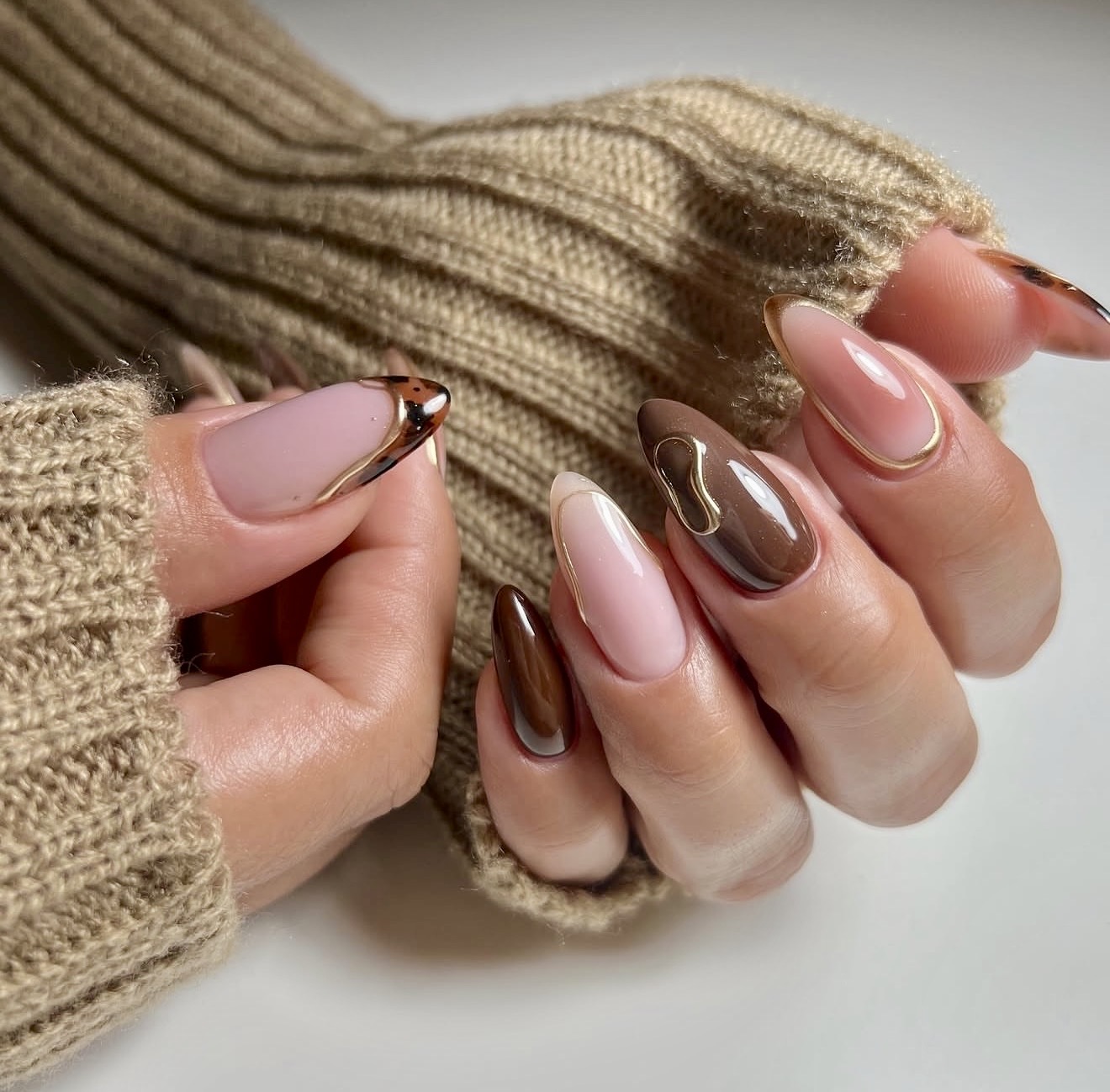 Chocolate Swirl Milky Pink Almond Nails