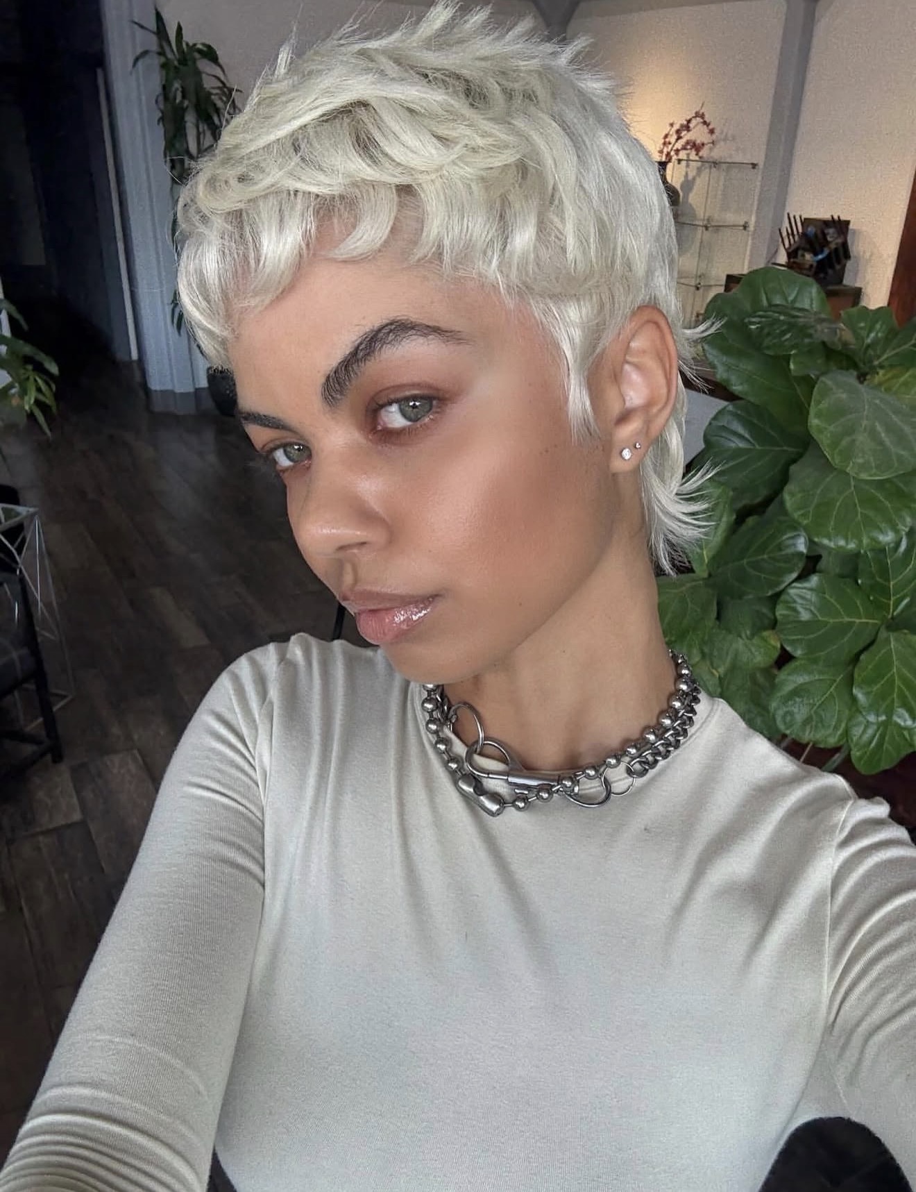 Choppy Platinum Blonde Pixie Mullet