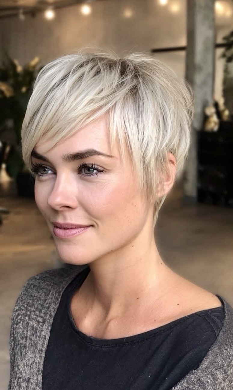 Choppy Platinum Blonde Pixie With Textured Bangs