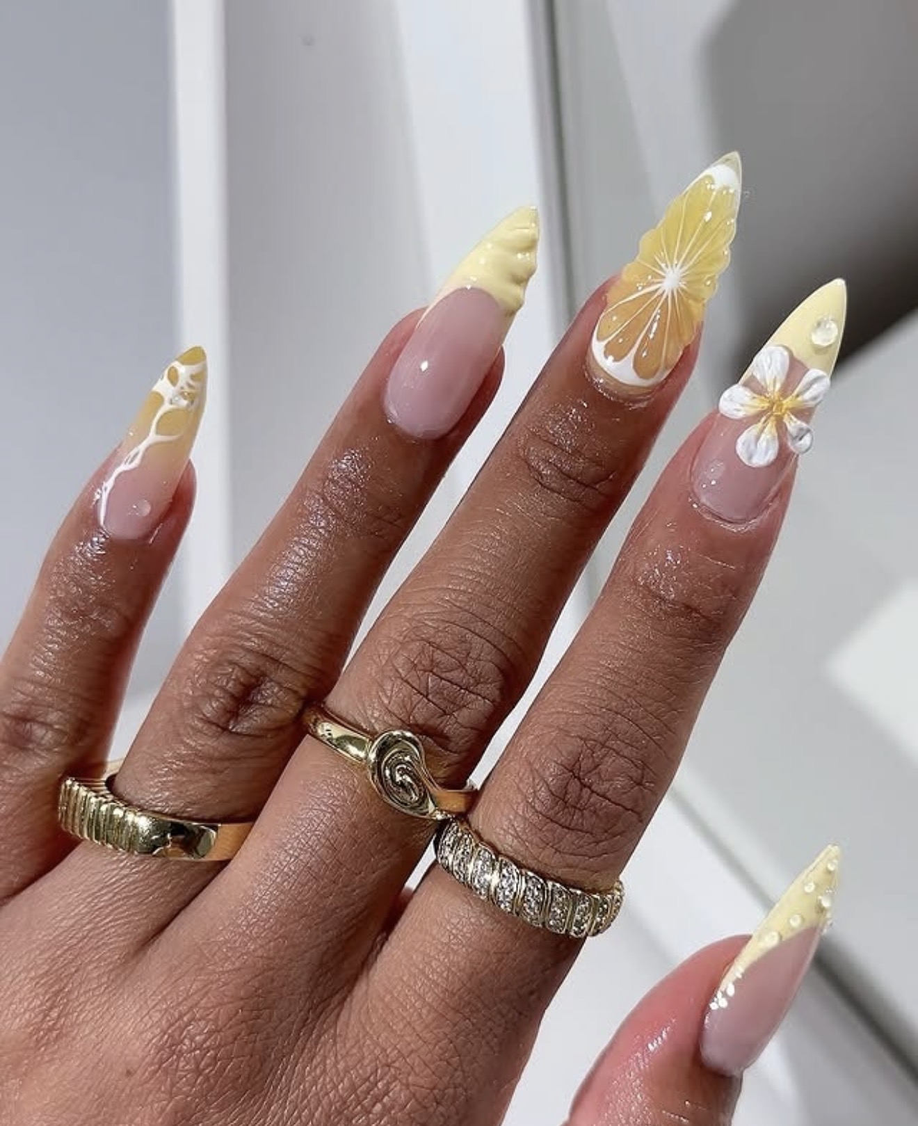 Citrus Slice 3D Flower Almond French Tips