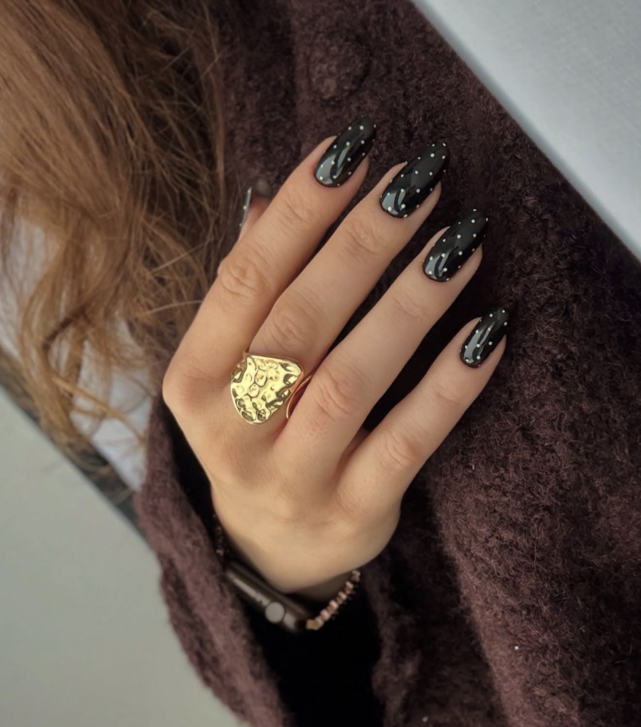 Classic Black Glossy Nails With White Polka Dots