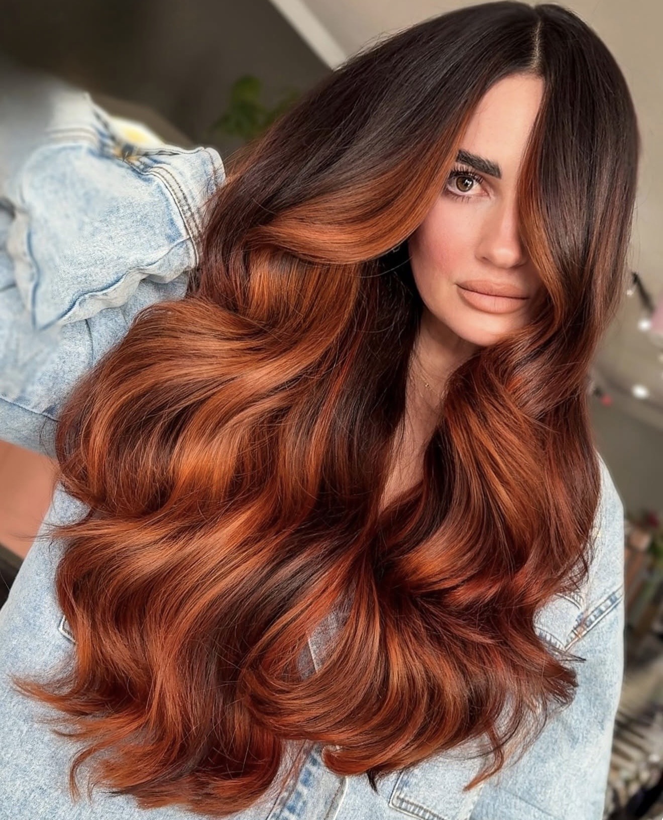 Copper Balayage With Dark Brown Roots