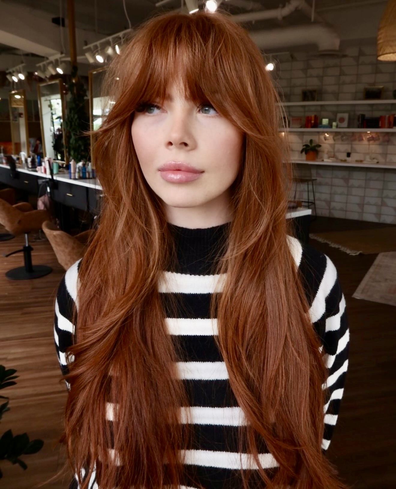 Copper Curtain Bangs With Soft Layers