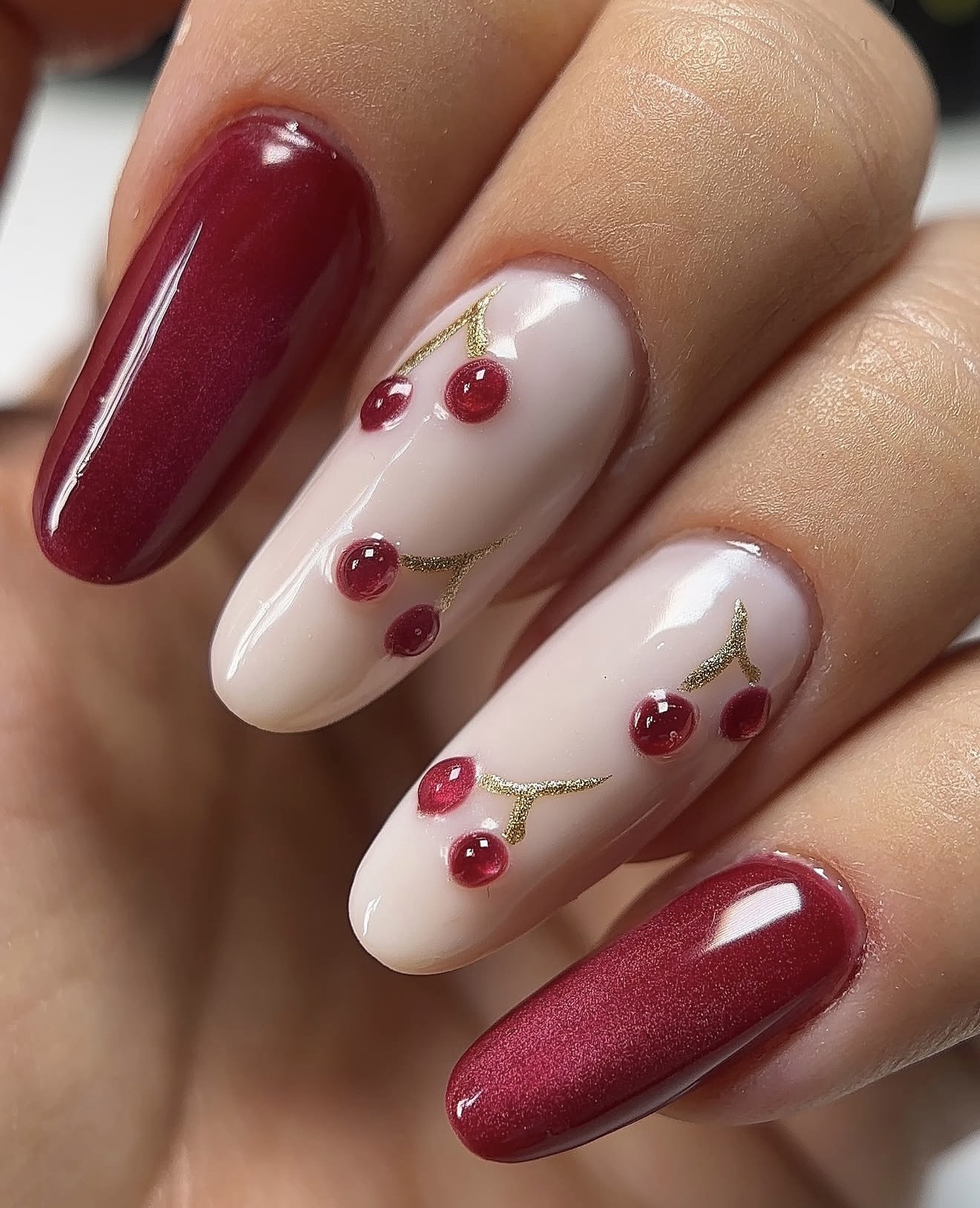 Creamy Cherry Embossed Coffin Nails