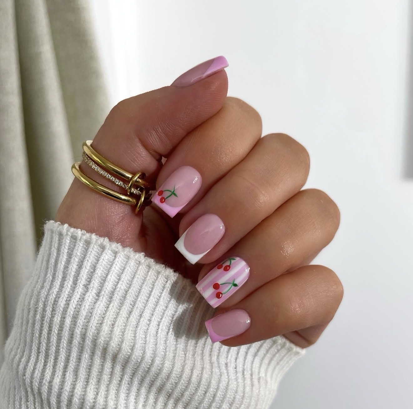 Cute Cherry French Tips With Pink Stripes