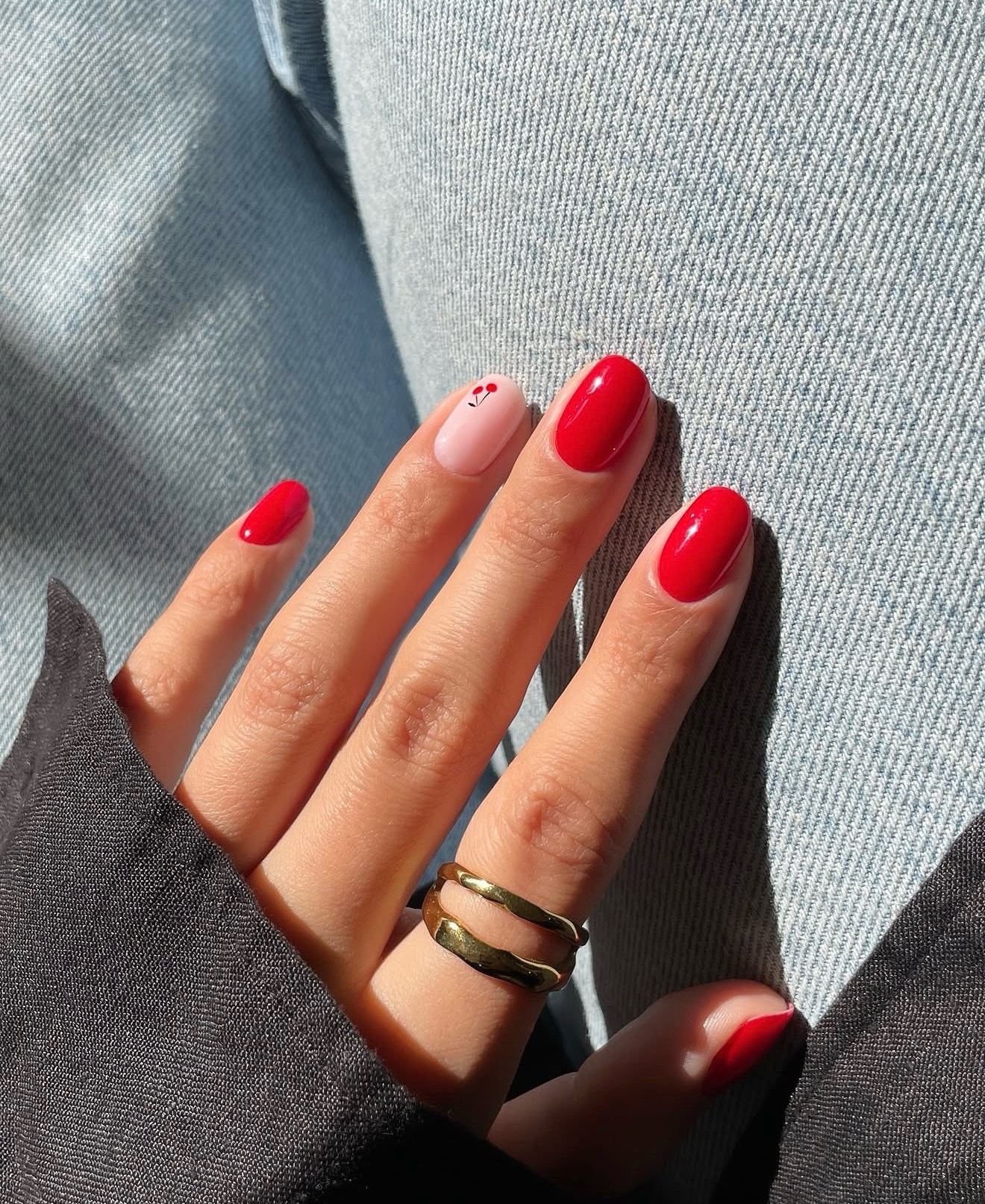 Cute Cherry Red Oval Nails with Pink Accent