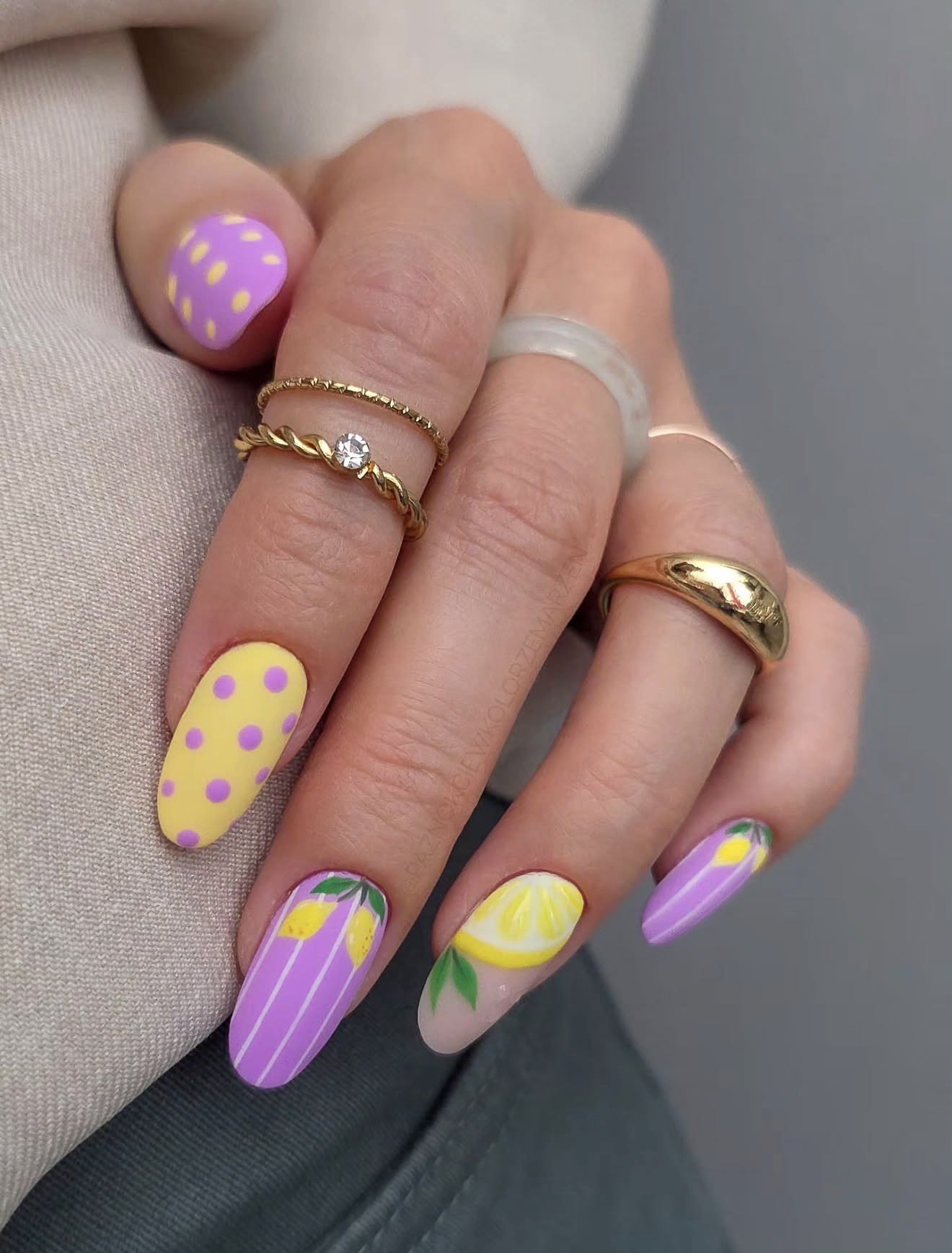 Cute Lemon Citrus Matte Almond Nails