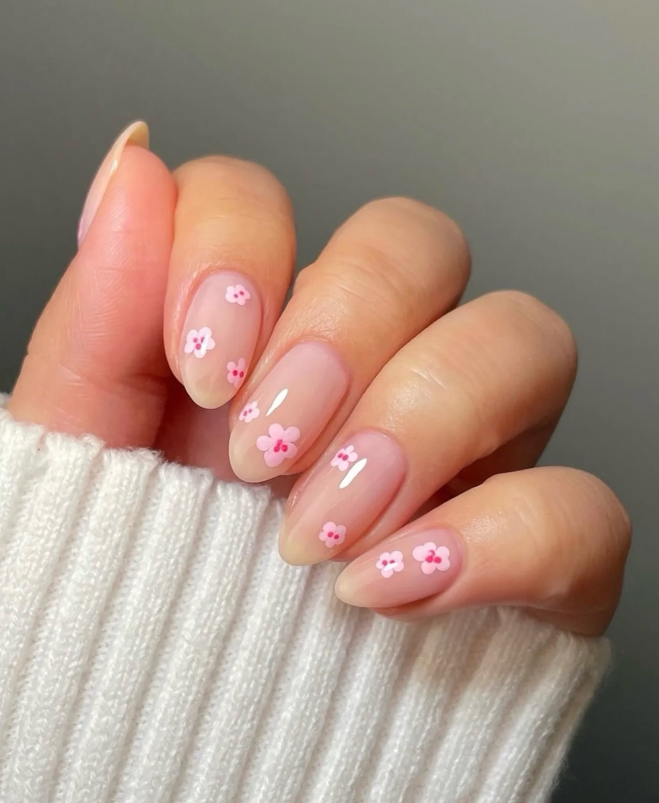 Dainty Pink Floral Milk Bath Almond Nails