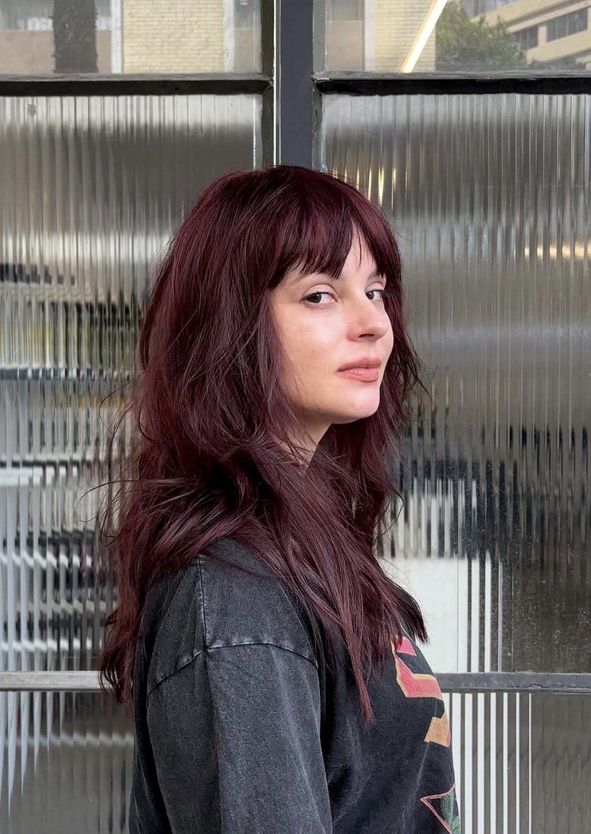 Dark Cherry Cola Layered Waves With Bangs