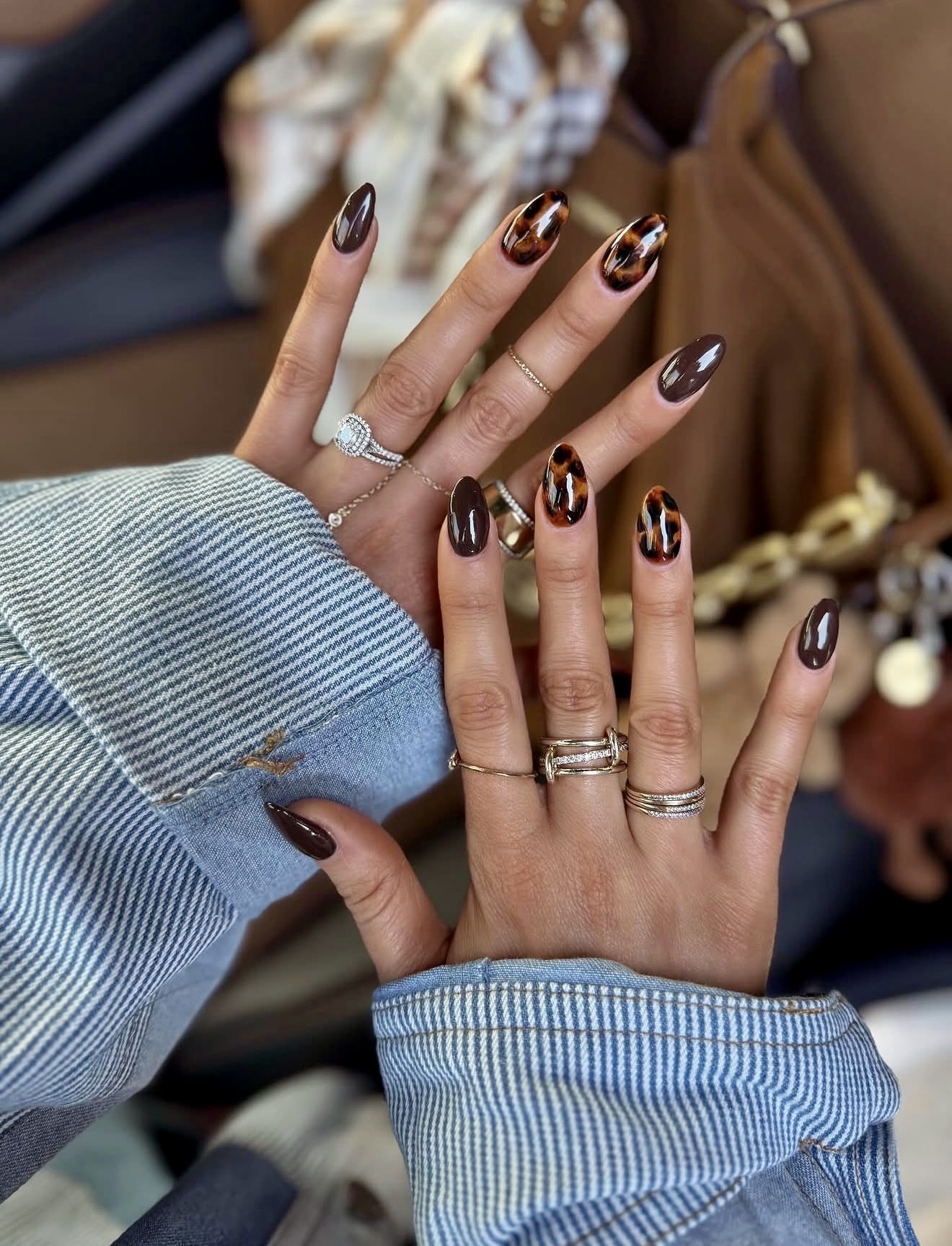Deep Brown Tortoiseshell Almond Nails