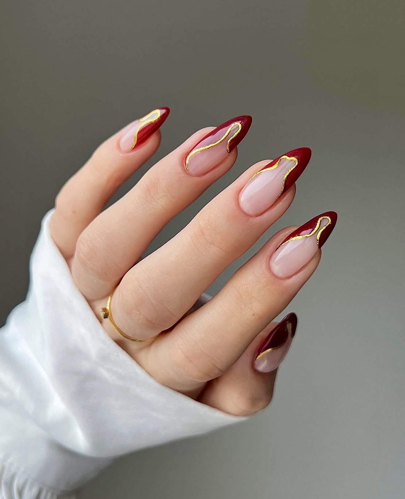 Deep Burgundy and Gold Swirl French Tips