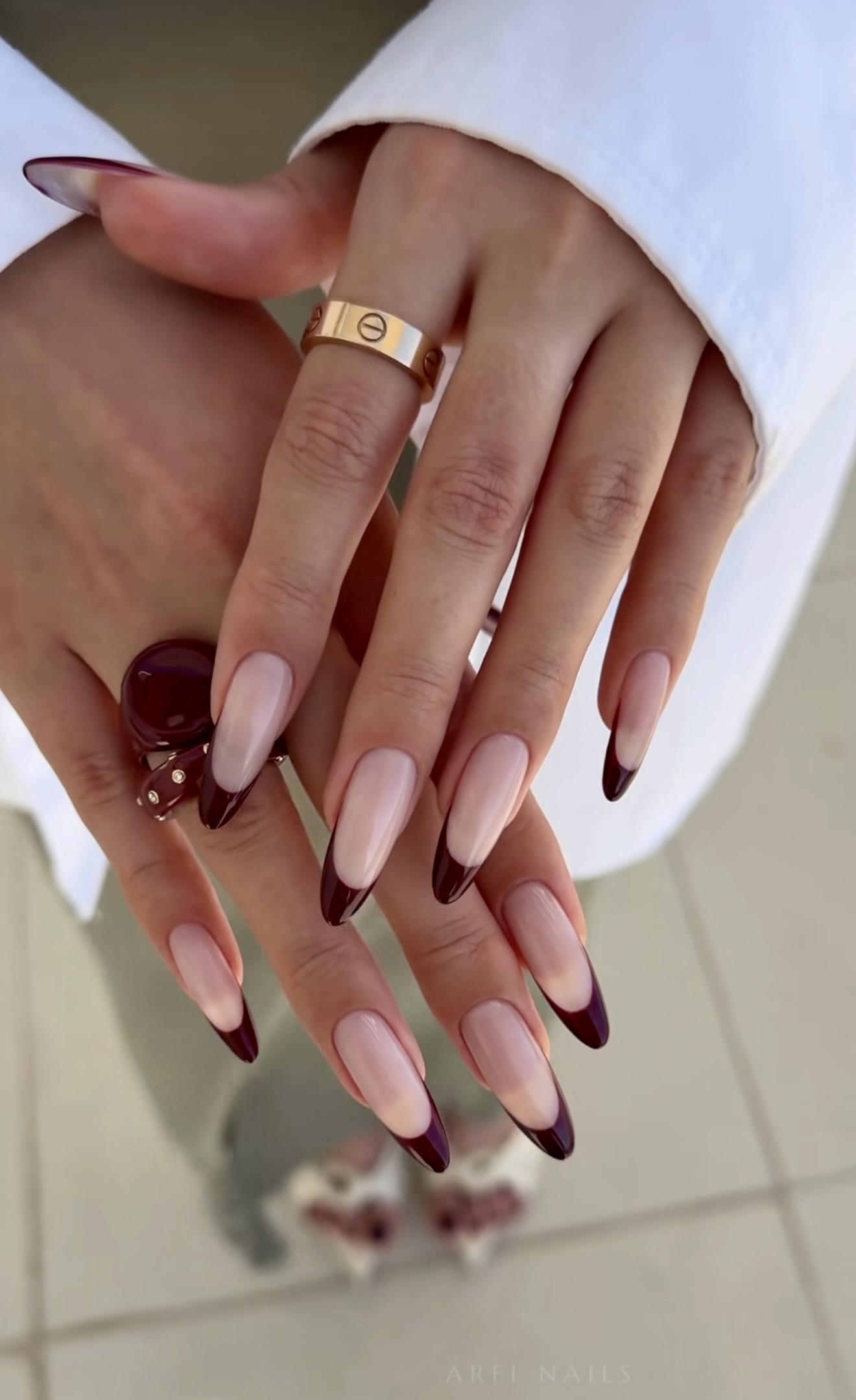 Deep Burgundy French Tip Almond Nails