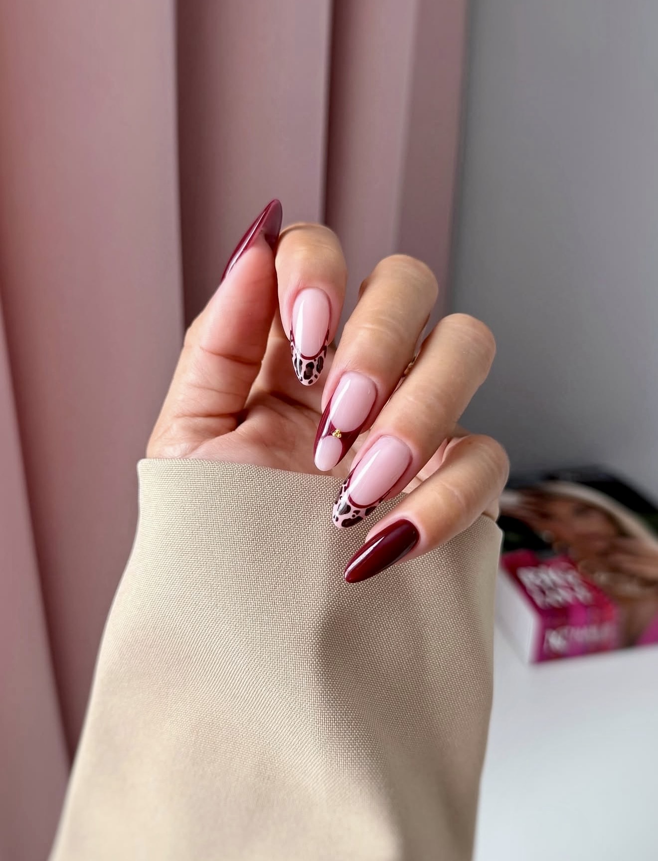 Deep Burgundy French Tip with Leopard Accent