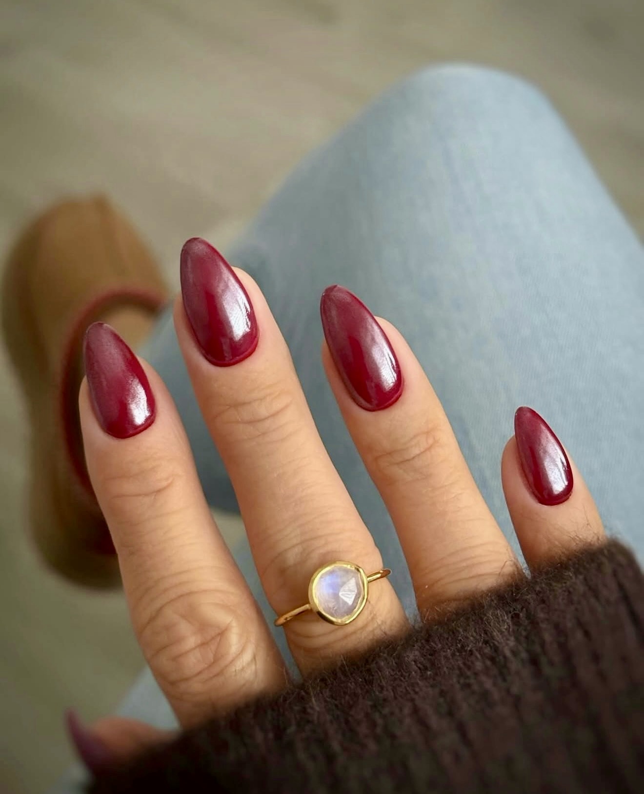 Deep Burgundy Glossy Almond Nails