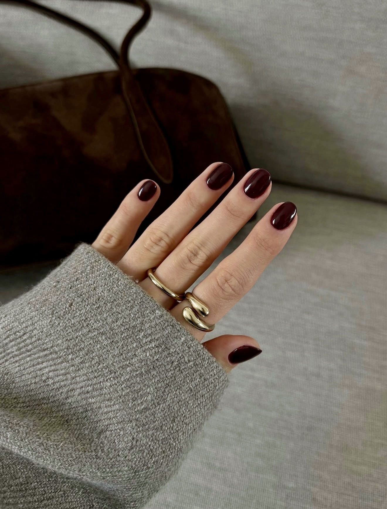 Deep Burgundy Glossy Oval Nails
