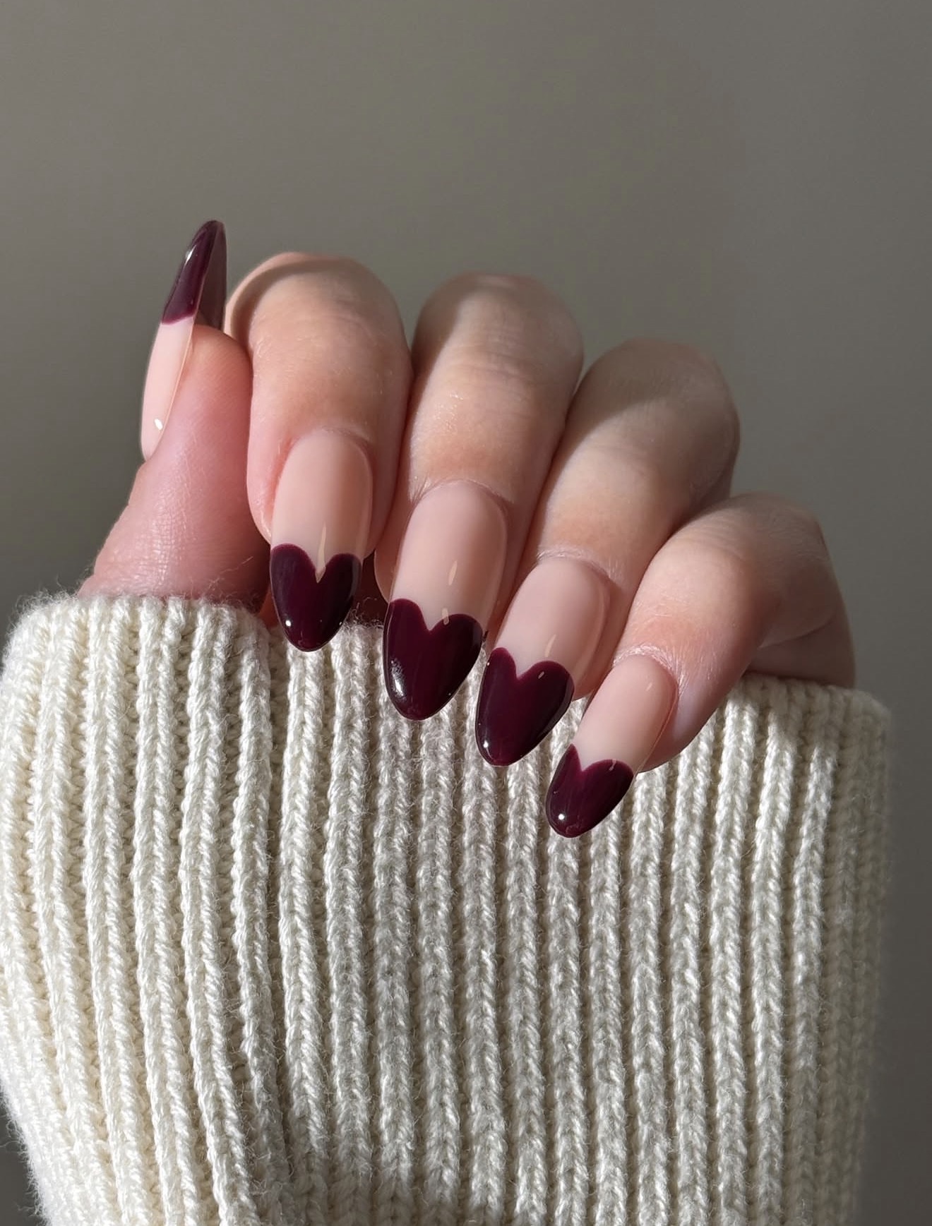 Deep Burgundy Heart French Manicure