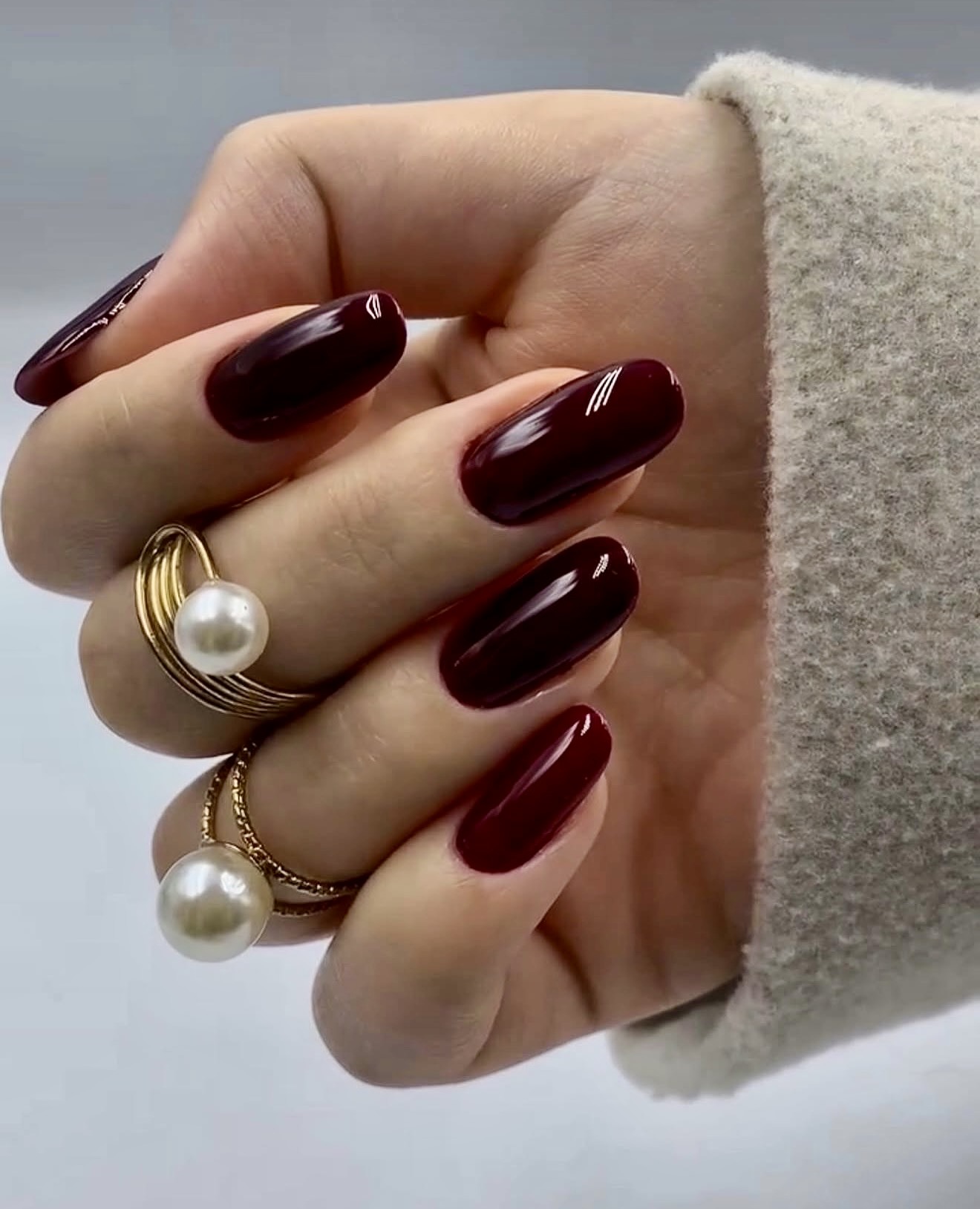 Deep Burgundy High Gloss Oval Nails